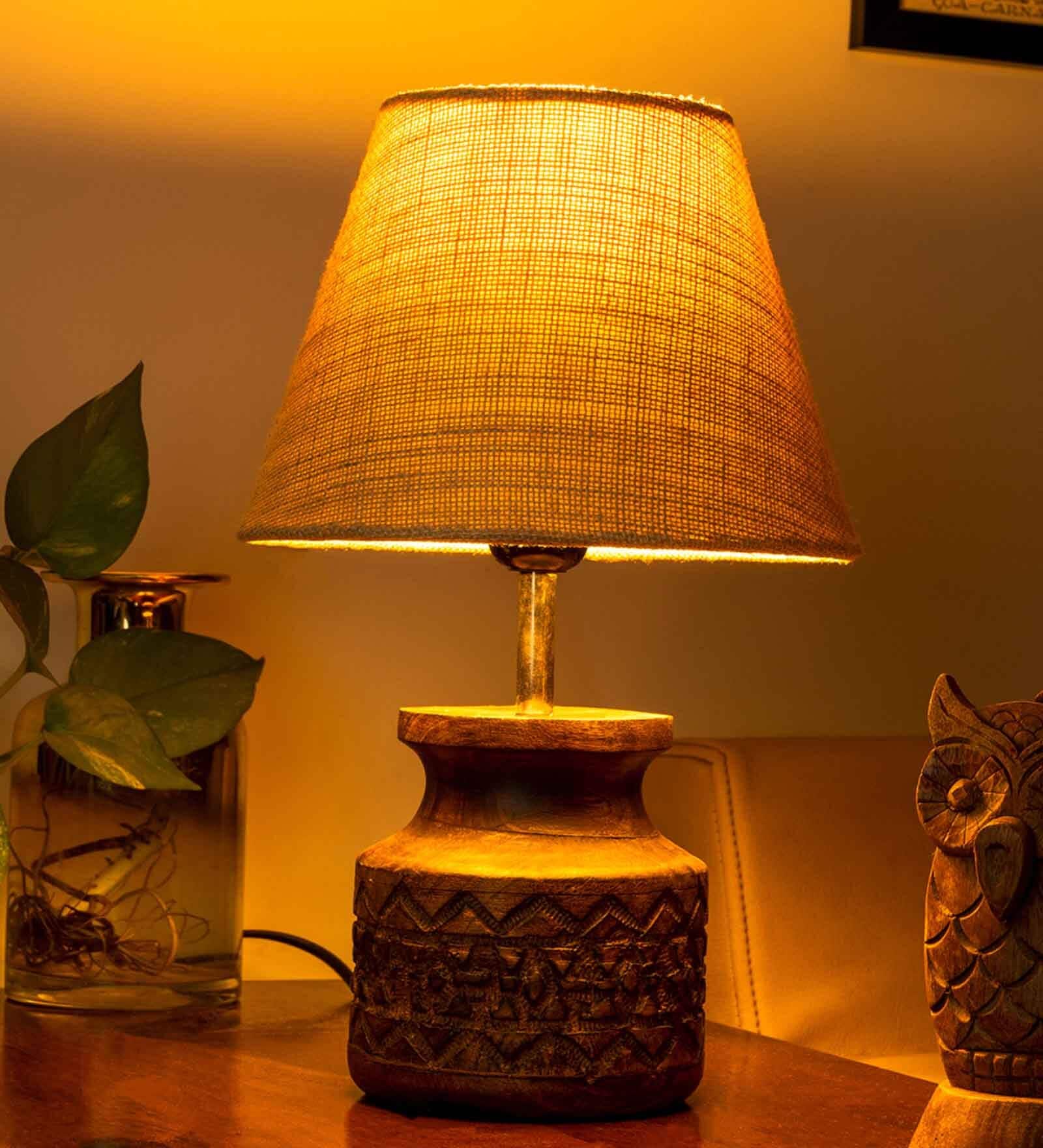 Wooden Carved Lamp with Taper Jute White Shade