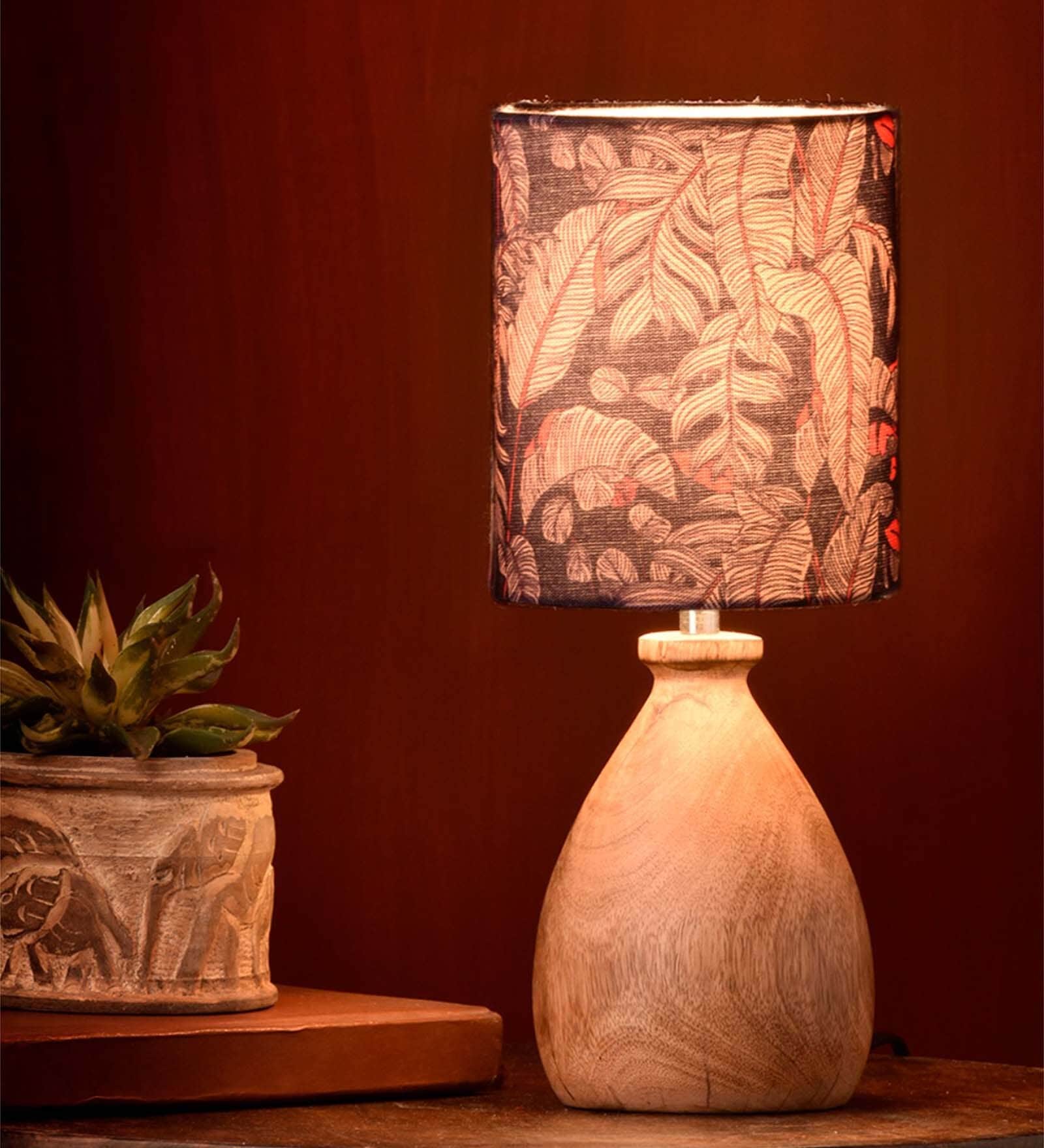 Wooden Dome Table Lamp Blue Leaves Shade