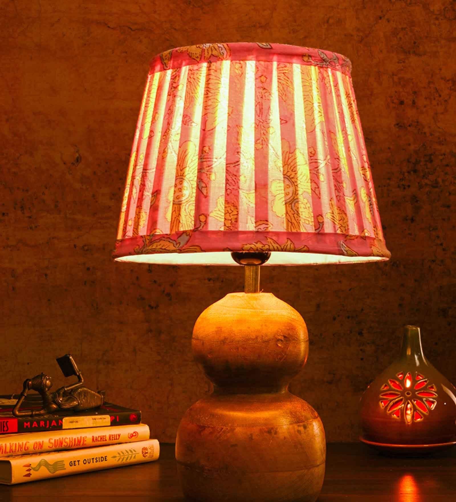 Wooden Double Dome Table Lamp with Pleeted Colorful Pink Taper Shade