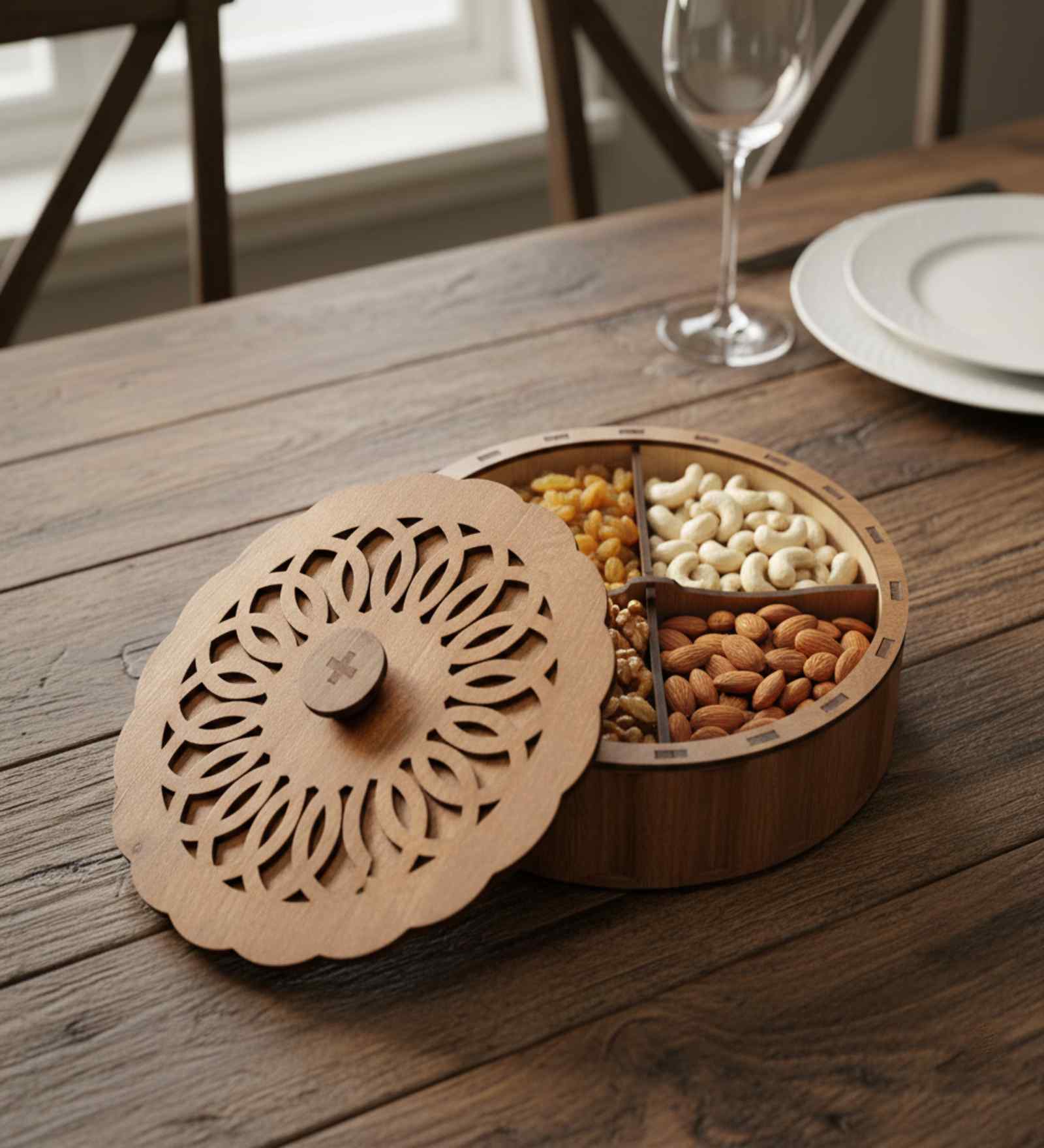 4 Compartments Wooden Dried Fruit Box,6 Inch, Brown