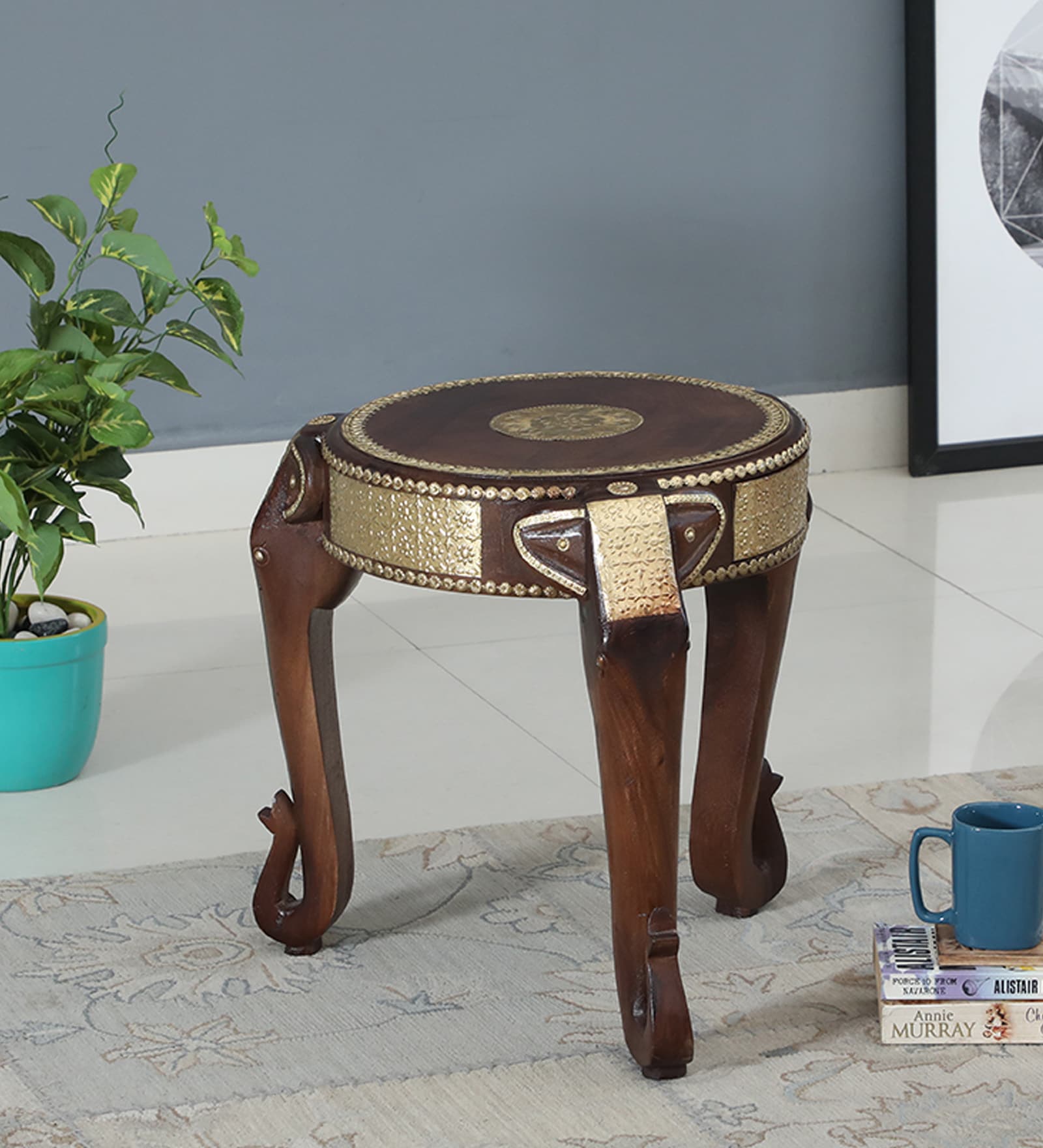 Wooden Elephant Teak Solid Wood Chowkie With One Drawer