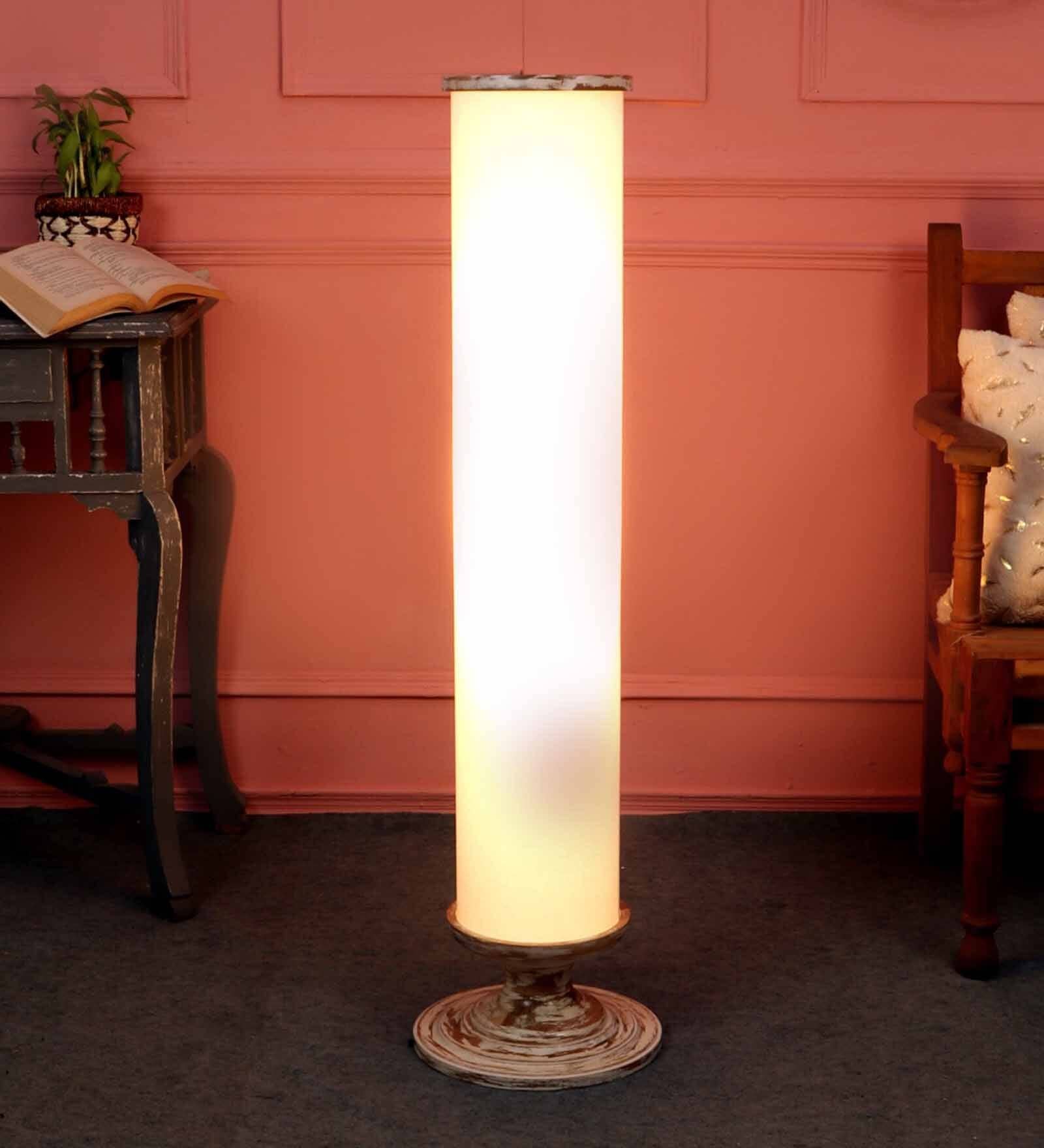 Turin Off White Cottan Fabric Shade Column Floor Lamp With Mango wood Base