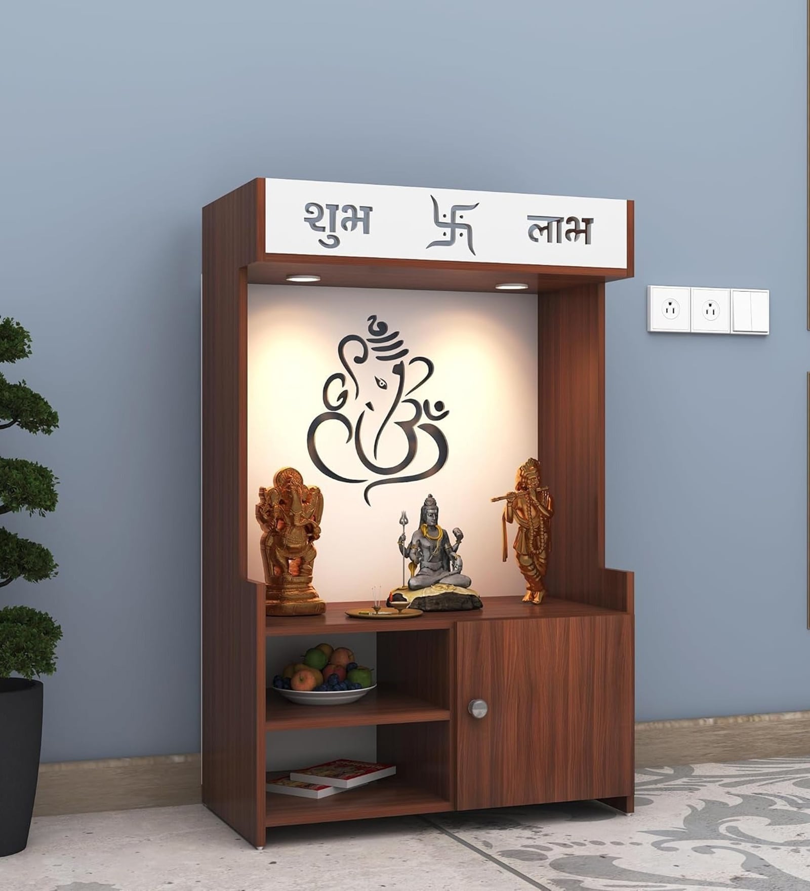 Wooden Floor Pooja Mandir with Ganesh Om Back Panel Shubh Labh Top Design & Cabinet