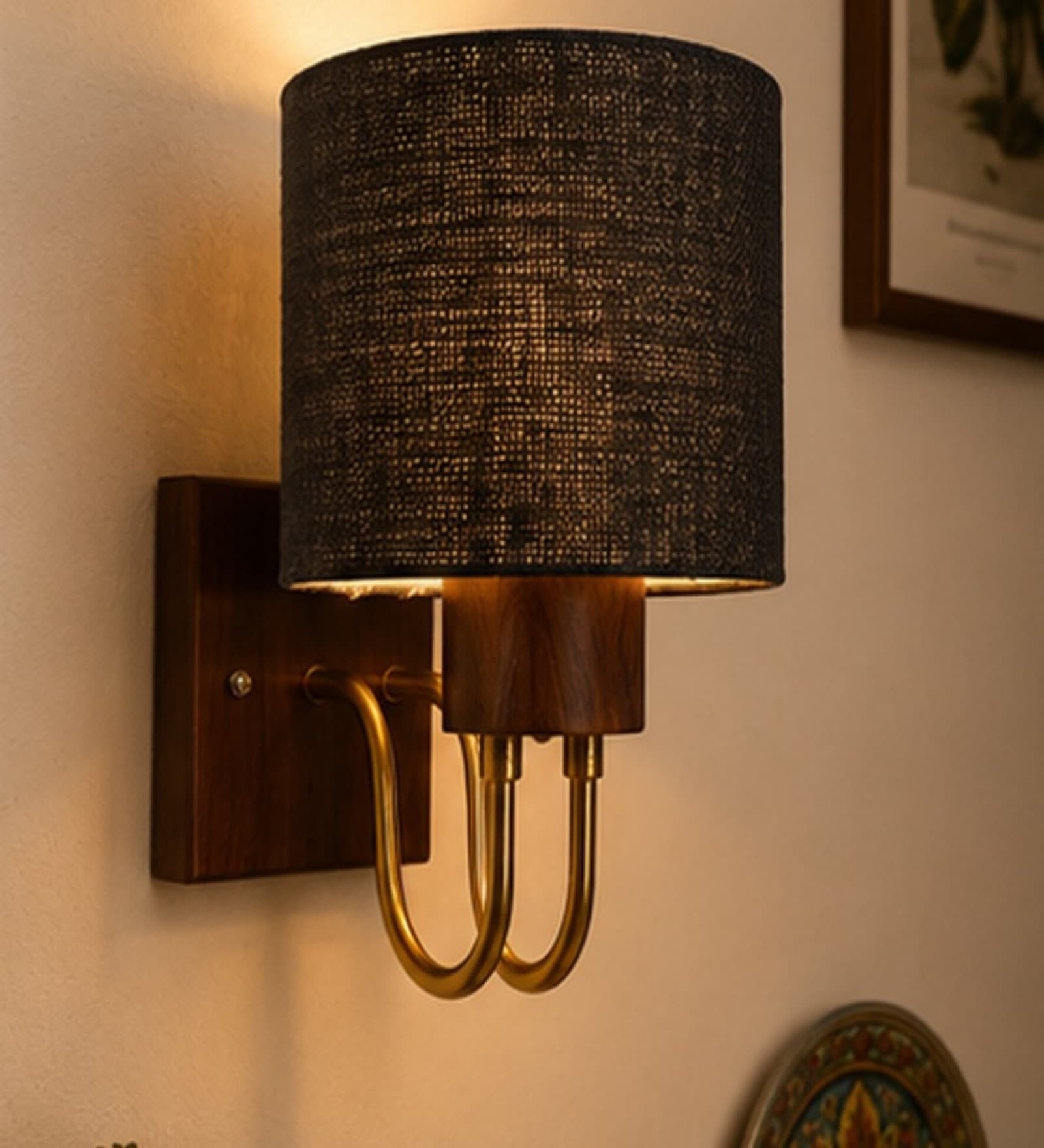 Wooden Gold Wall Lamp with Brown Jute shade