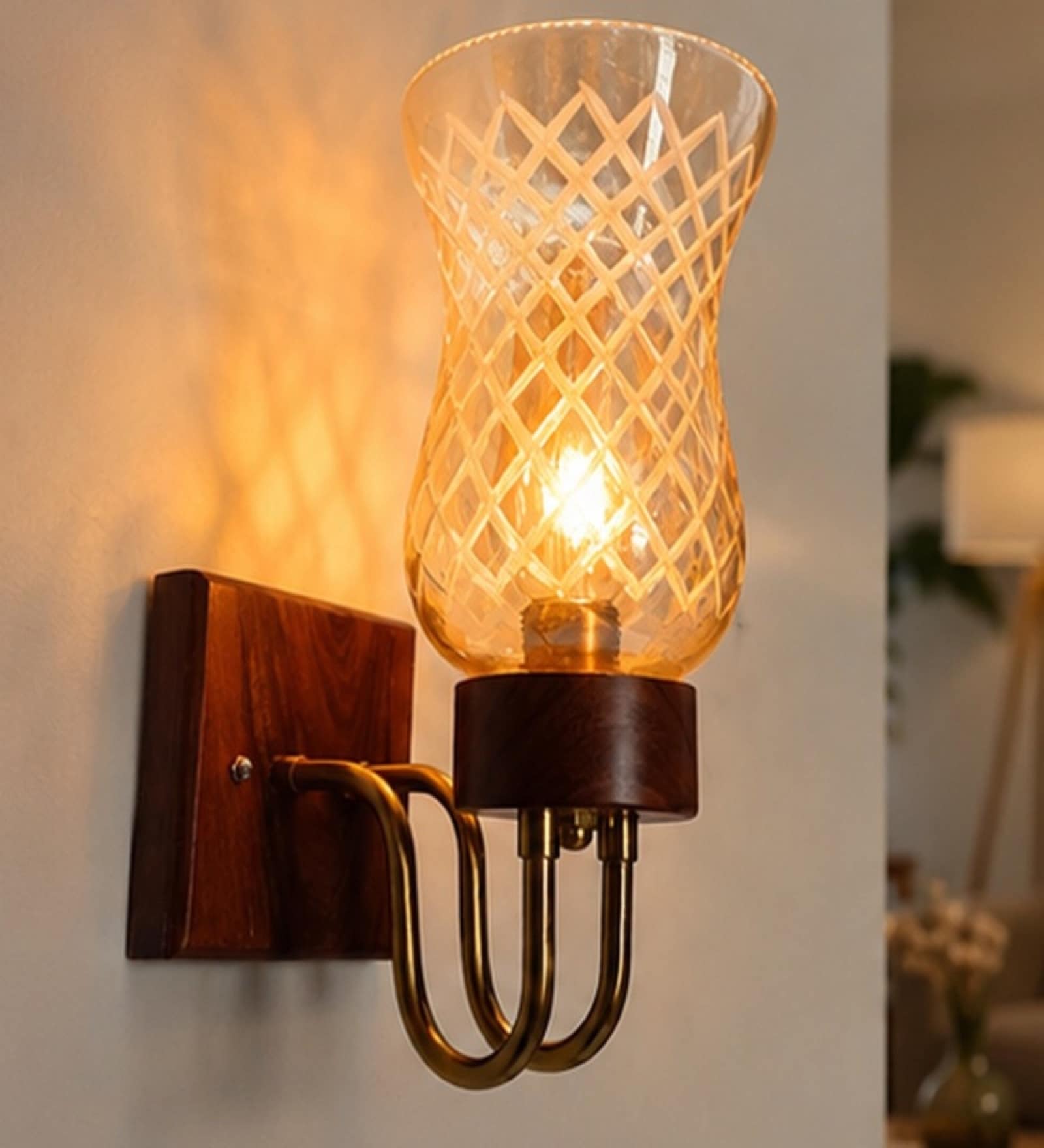 Wooden Gold Wall Lamp with Lavender Glass
