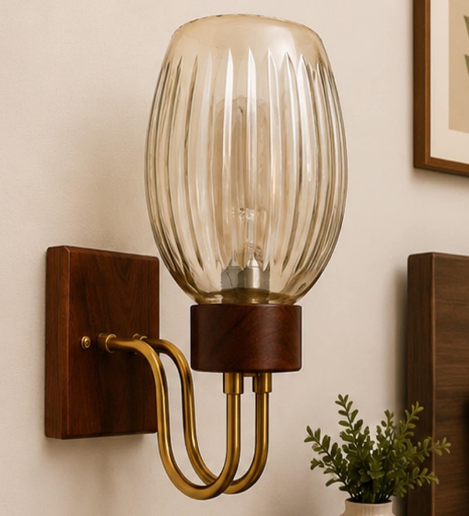 Wooden Gold Wall Lamp with Lavender Glass