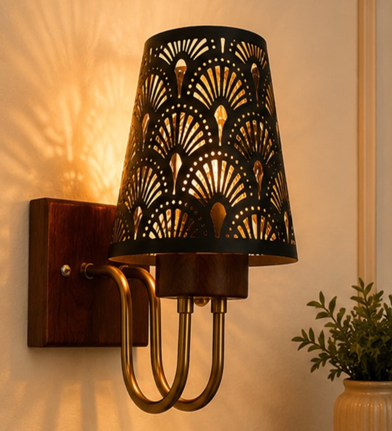 Wooden Gold Wall Lamp with Metal Etched Shade