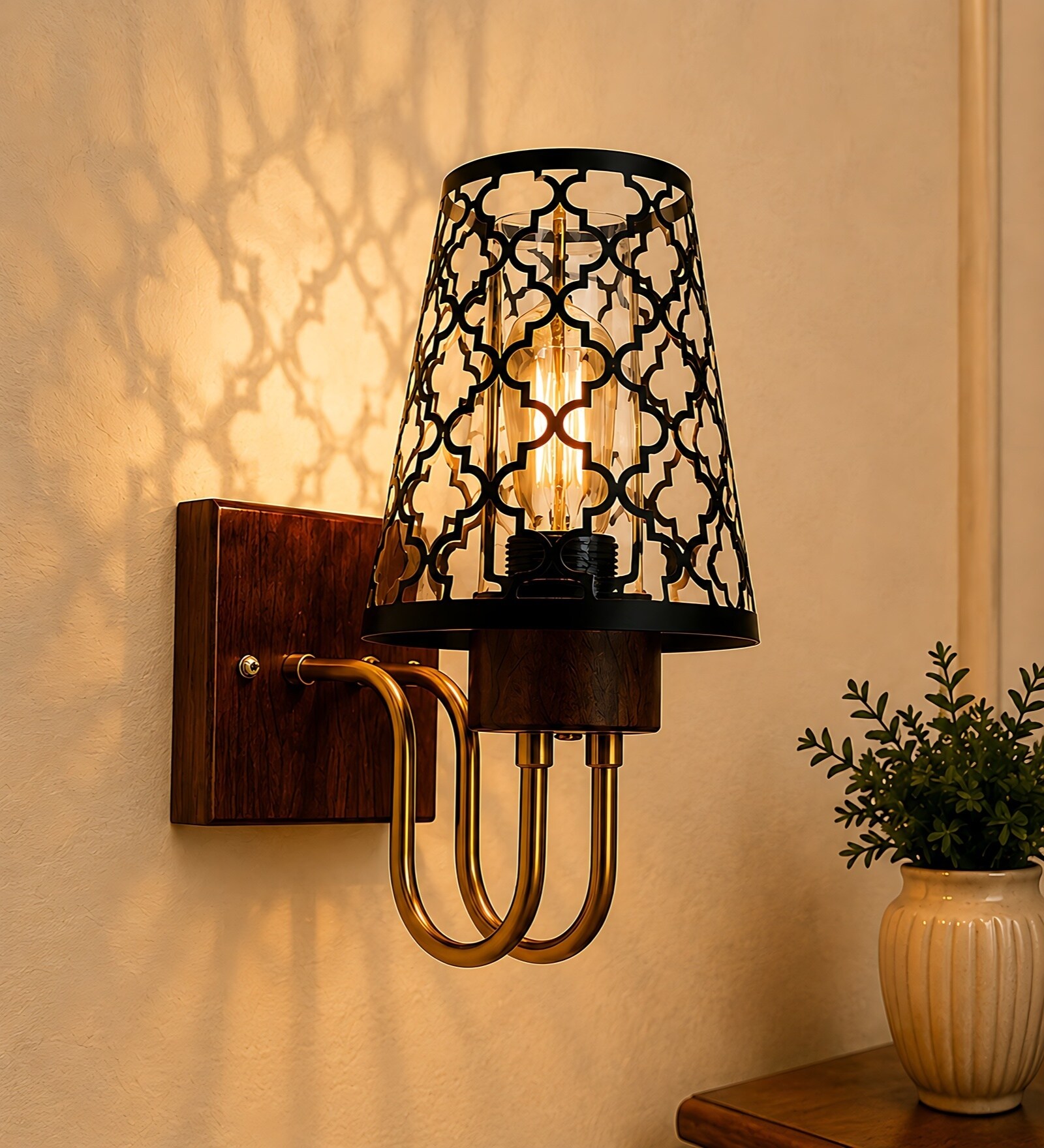 Wooden Gold Wall Lamp with Metal Etched Shade