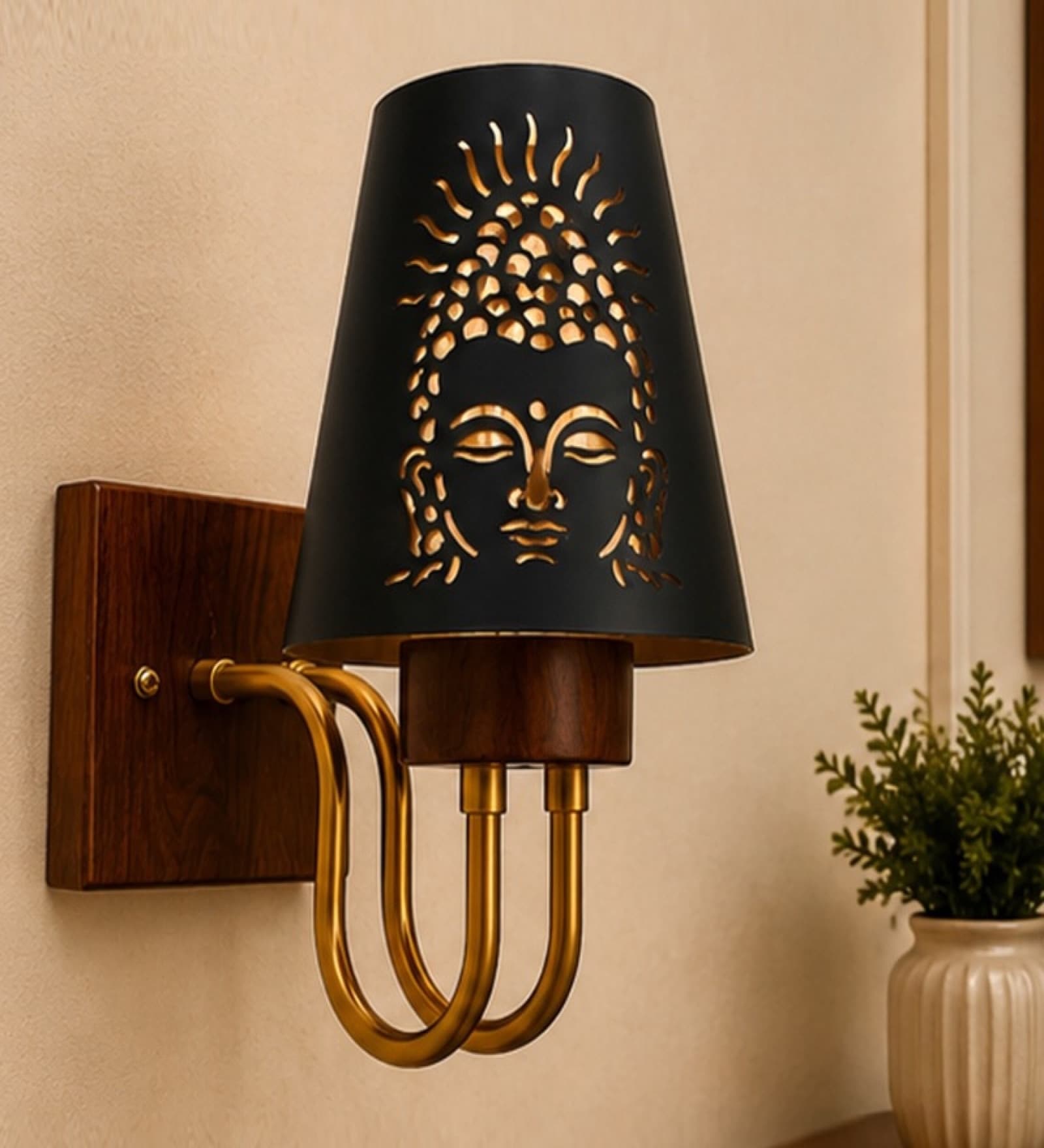 Wooden Gold Wall Lamp with Metal Etched Shade