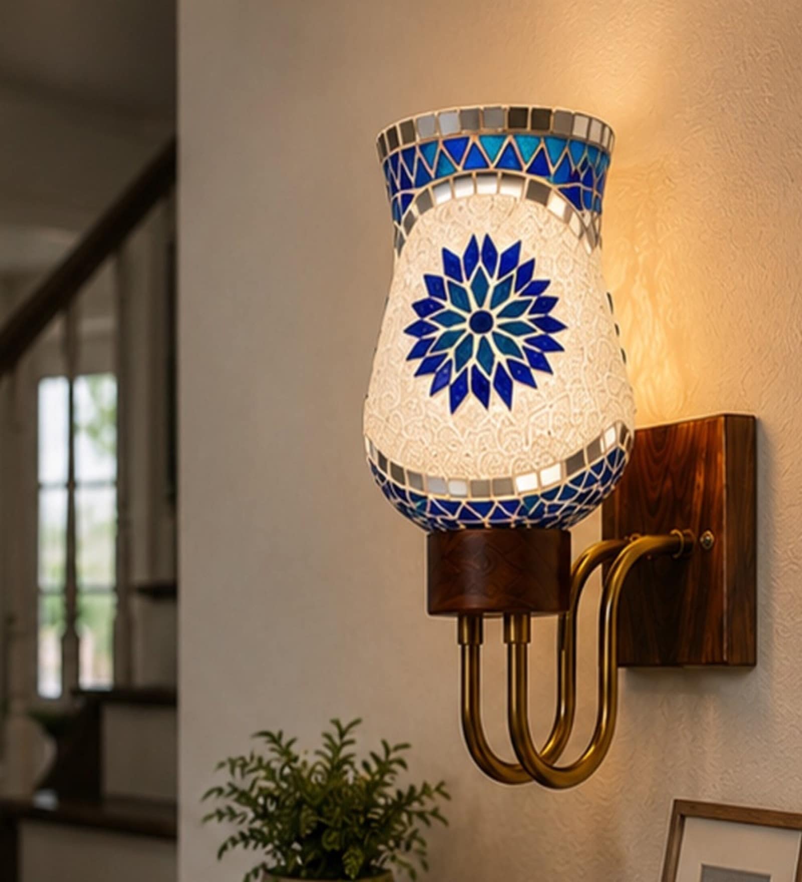 Wooden Gold Wall Lamp with Mosaic Glass