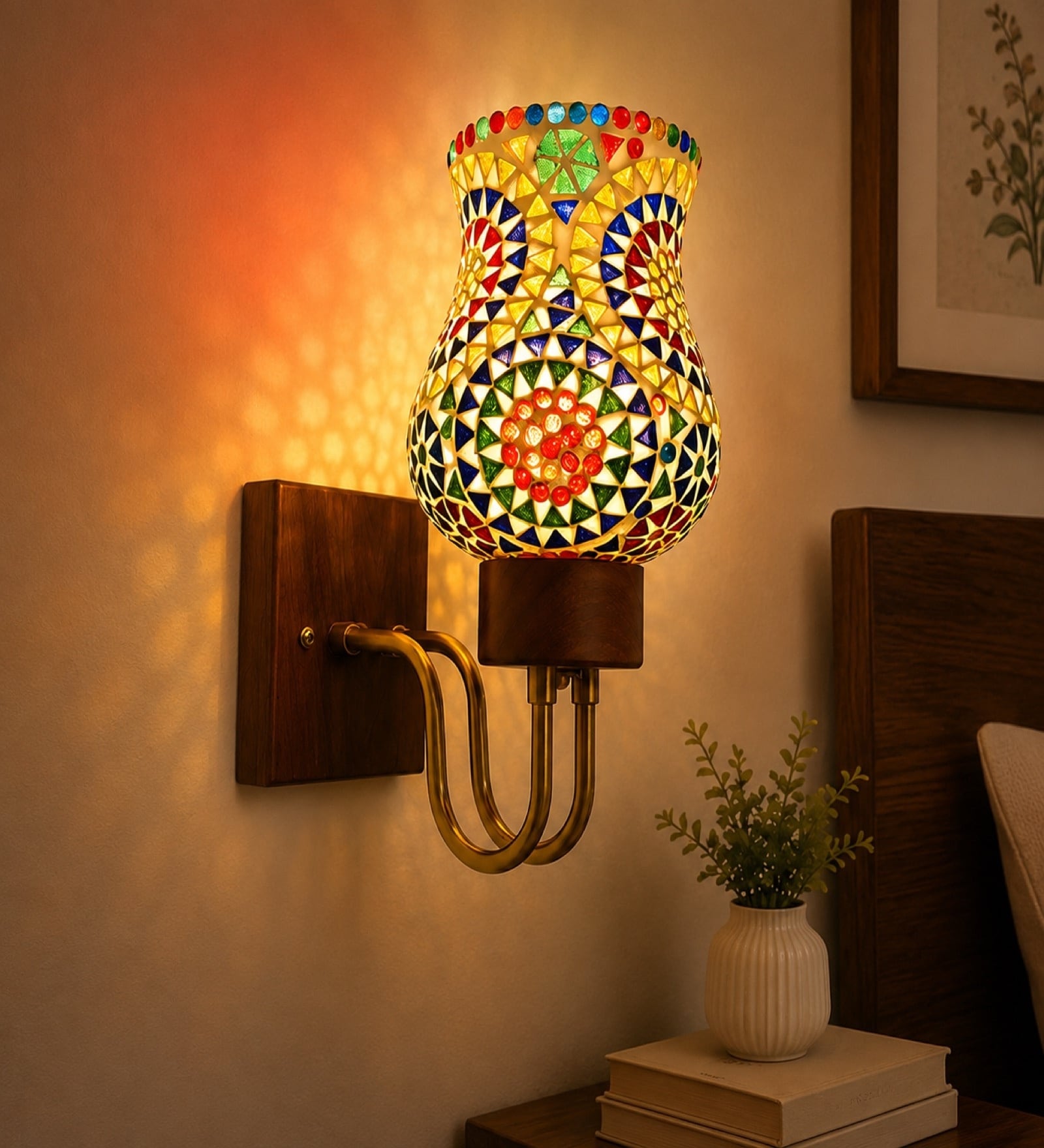 Wooden Gold Wall Lamp with Mosaic Glass