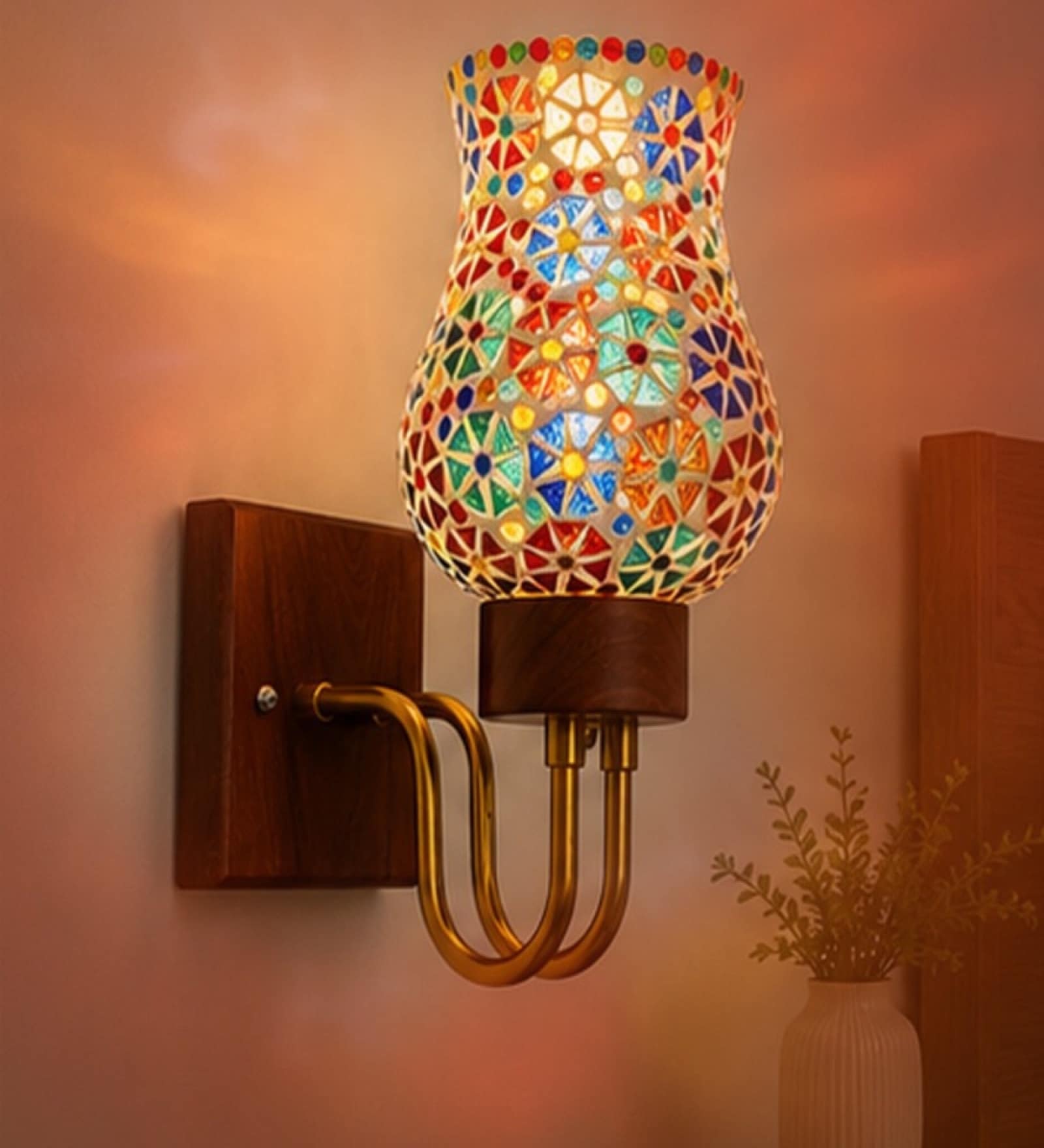 Wooden Gold Wall Lamp with Mosaic Glass