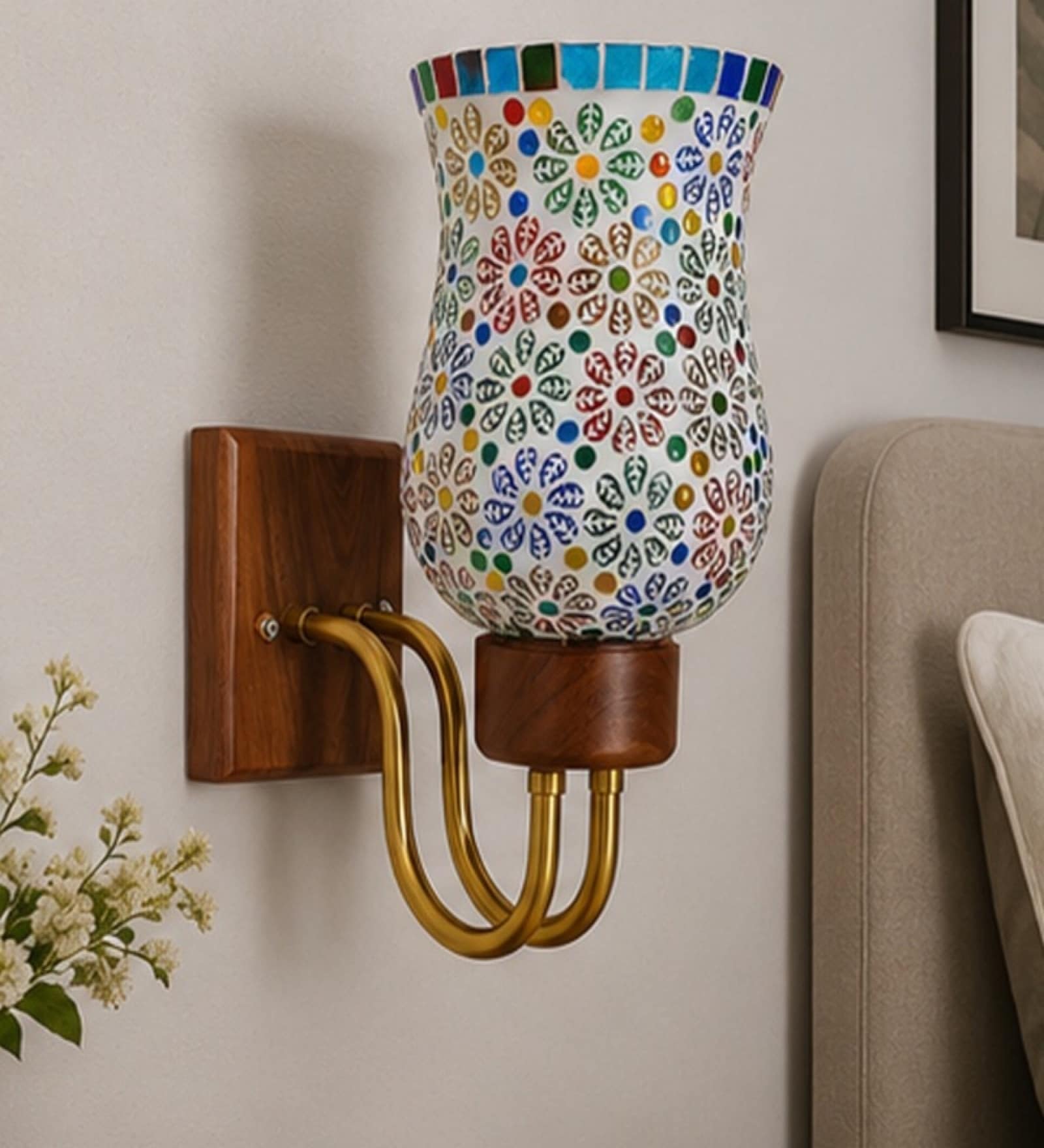 Wooden Gold Wall Lamp with Mosaic Glass