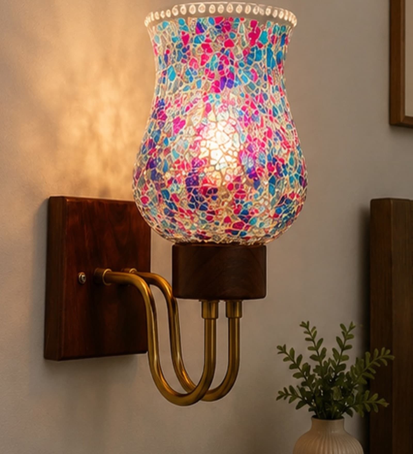 Wooden Gold Wall Lamp with Mosaic Glass