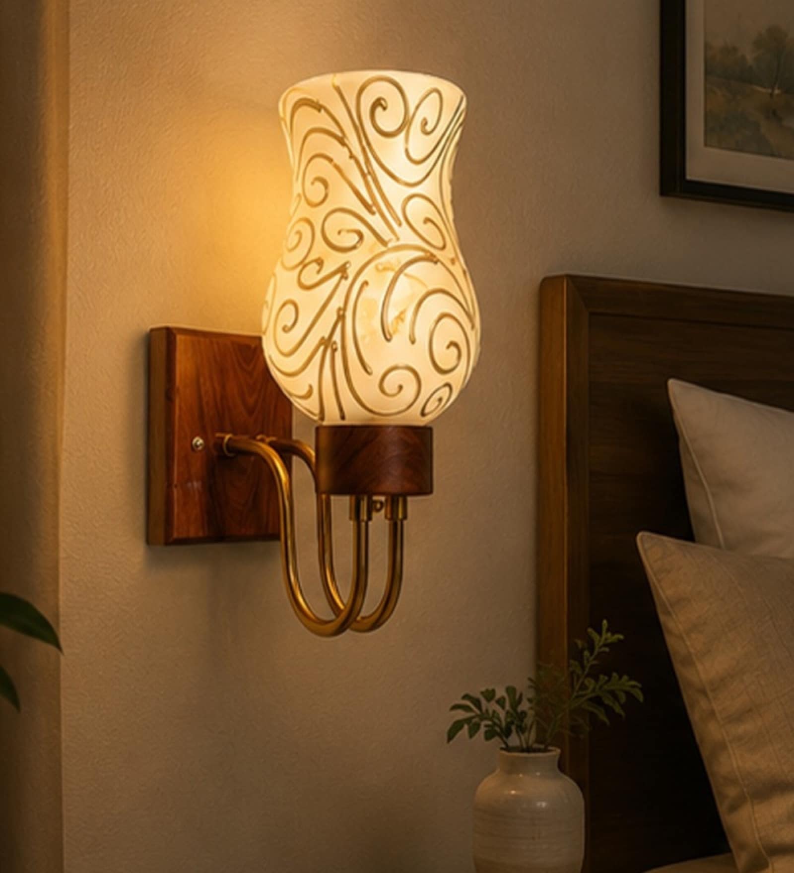 Wooden Gold Wall Lamp with Mosaic Glass