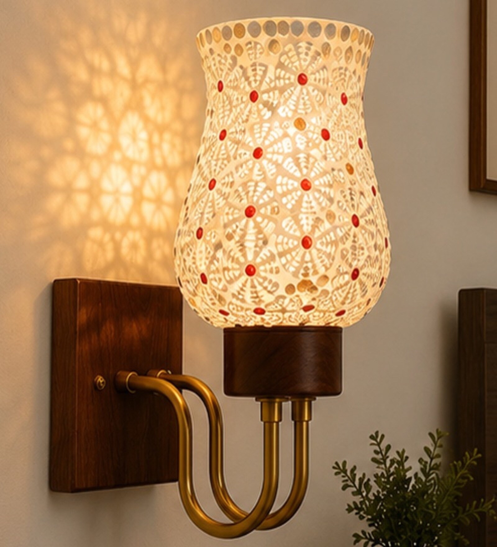 Wooden Gold Wall Lamp with Mosaic Glass