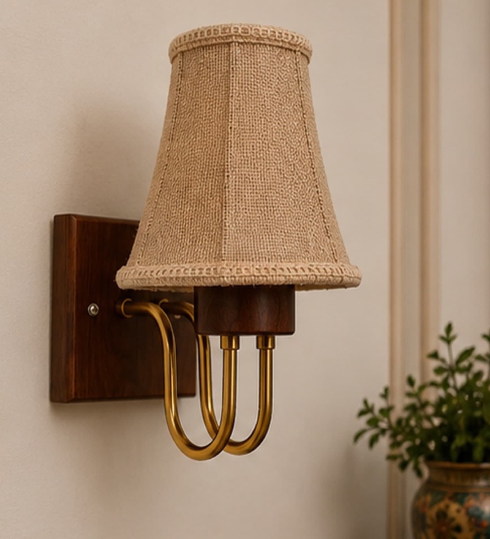 Wooden Gold Wall Lamp with Vintage Beige Jute  Shade