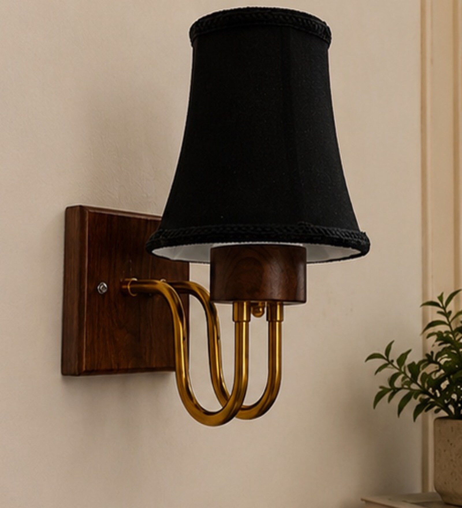 Wooden Gold Wall Lamp with Vintage Black cotton Shade
