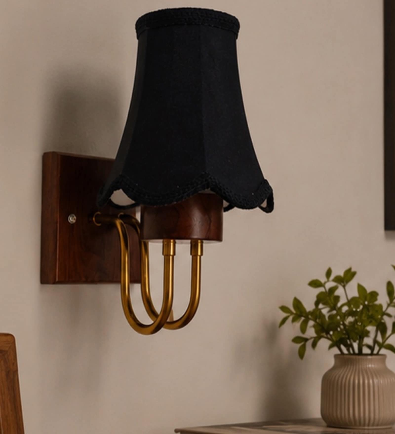 Wooden Gold Wall Lamp with Vintage Black cotton Shade