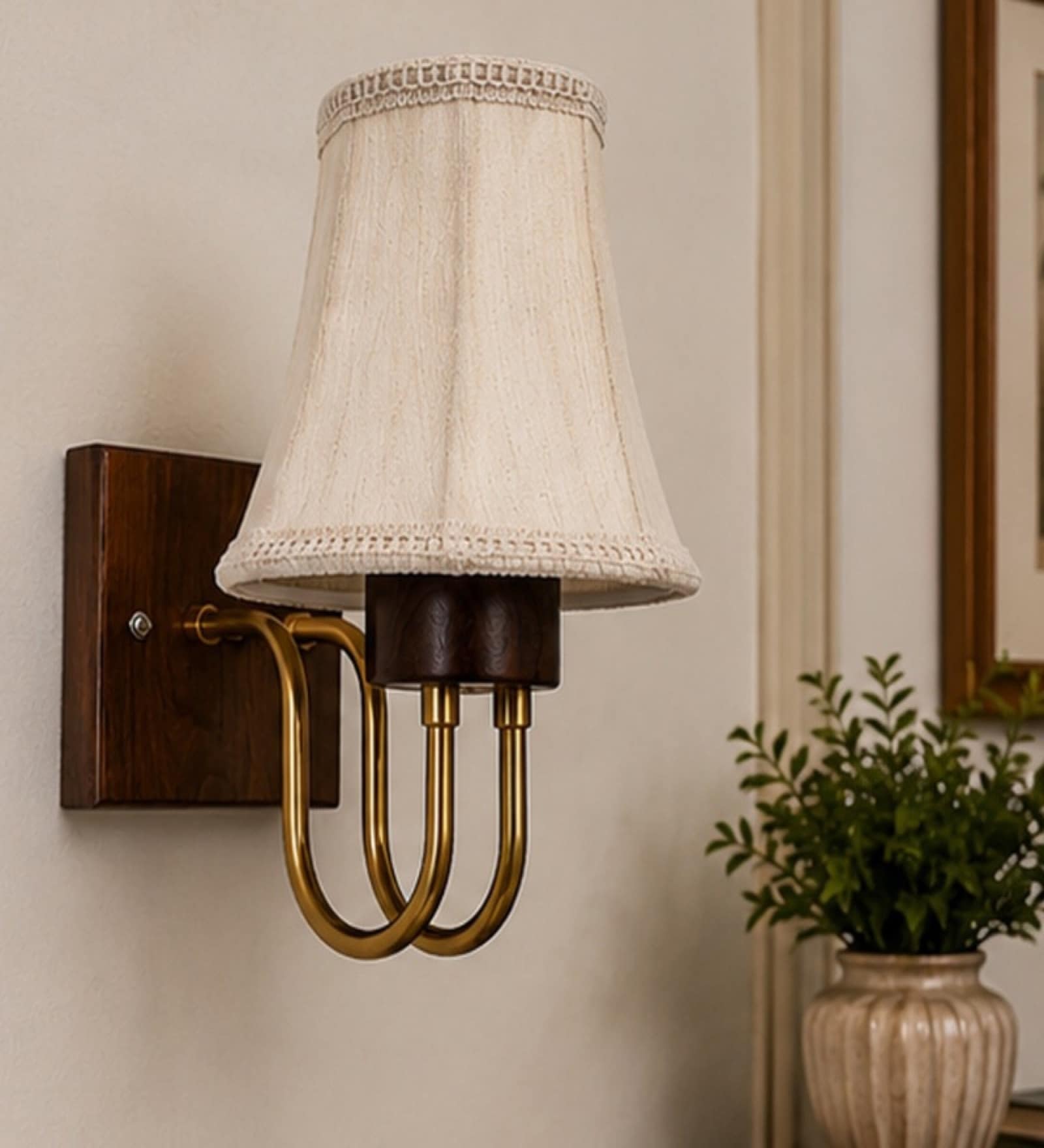 Wooden Gold Wall Lamp with Vintage off-white cotton Shade