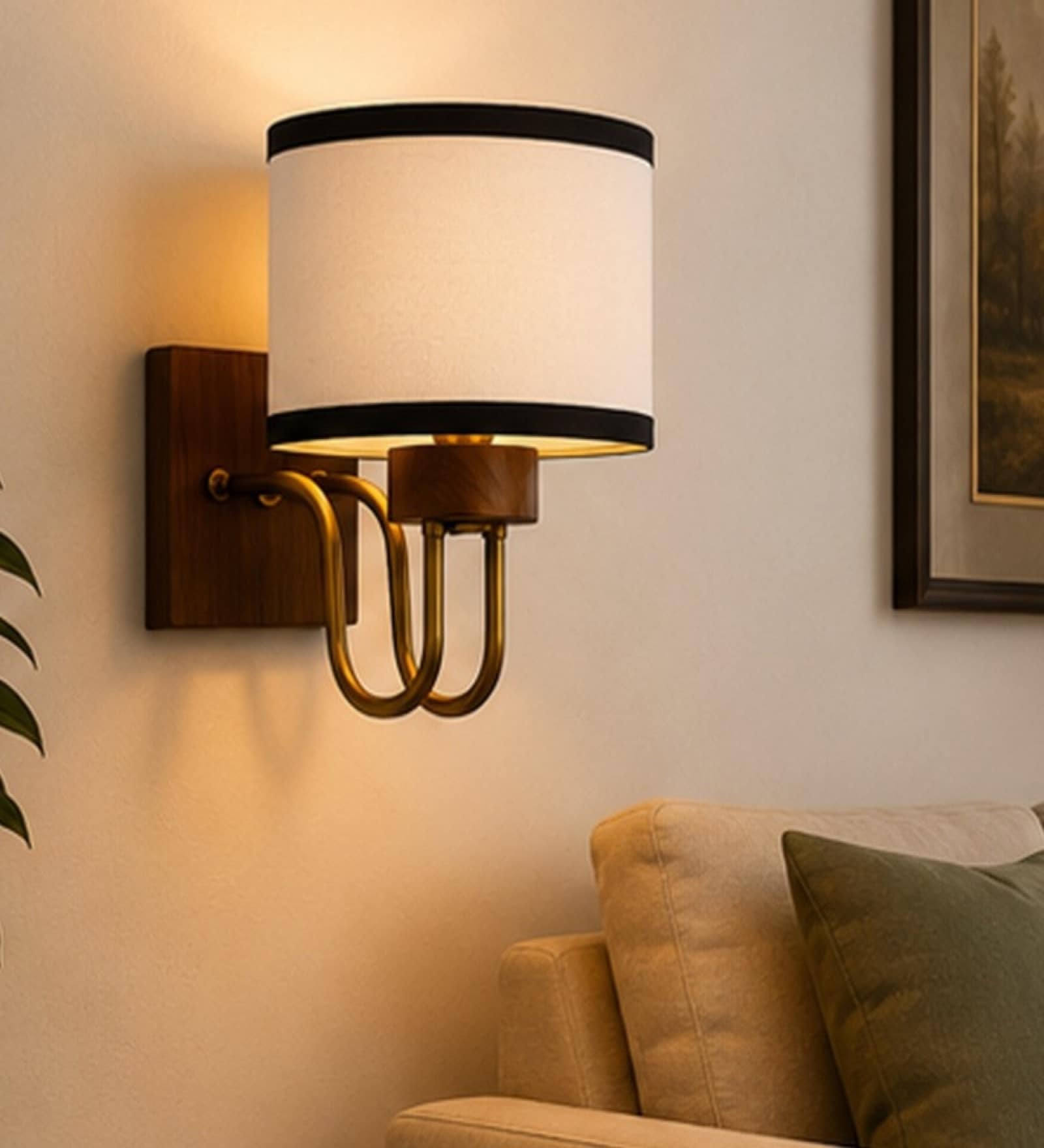 Wooden Gold Wall Lamp with White & Black  cotton shade