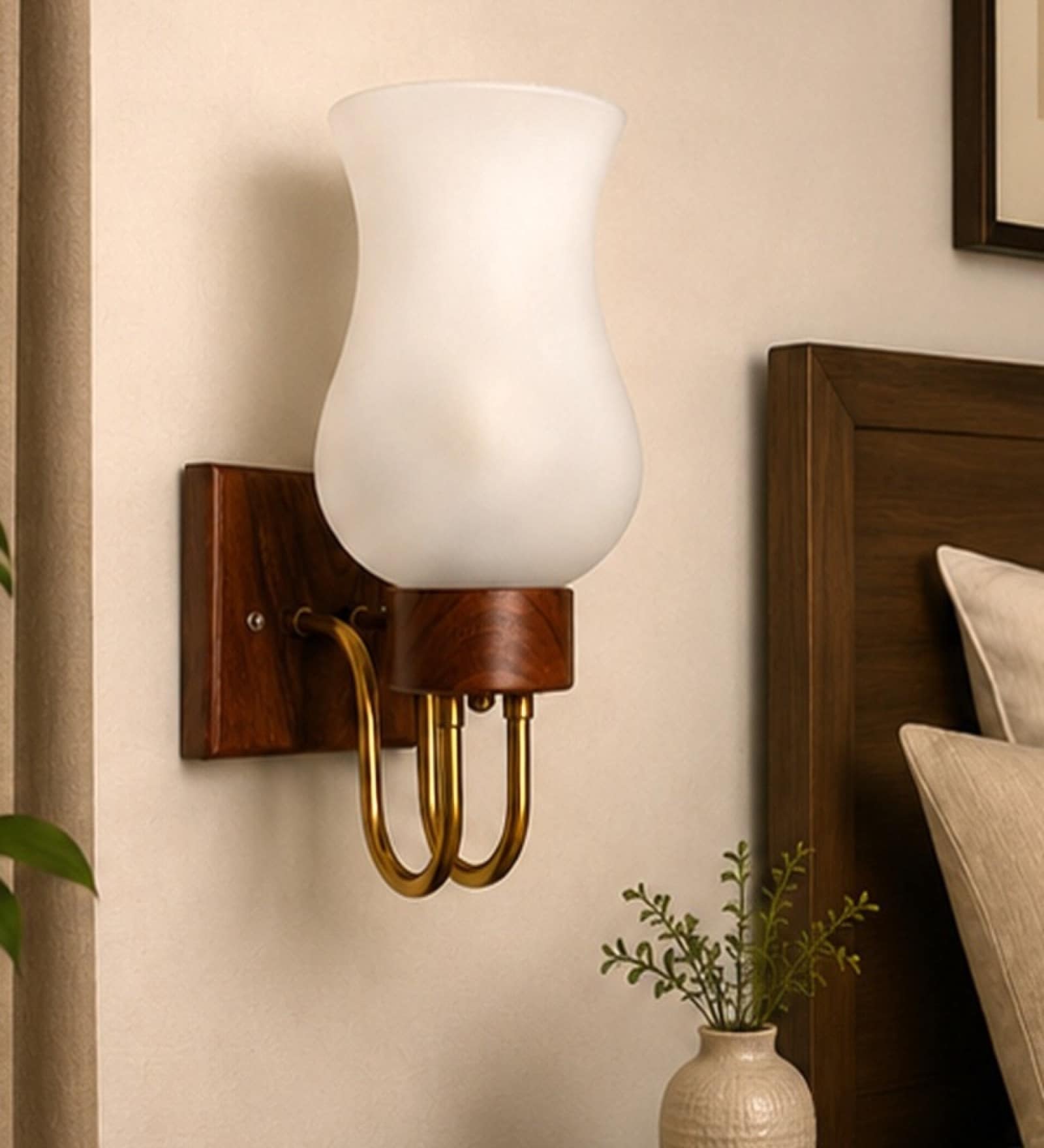 Wooden Gold Wall Lamp with White Crinkle Glass