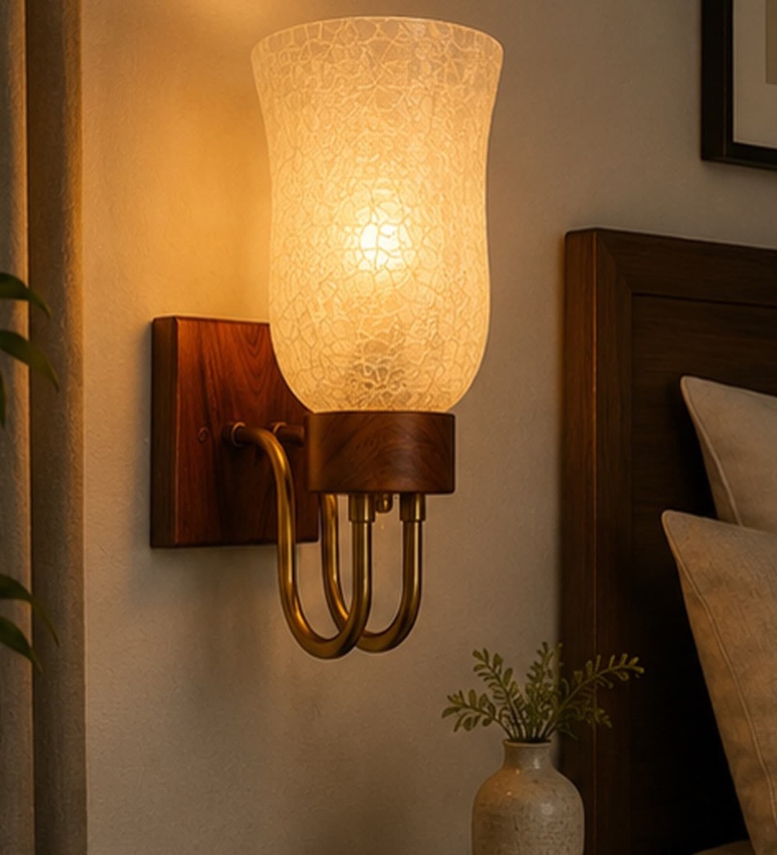 Wooden Gold Wall Lamp with White Frosted Glass