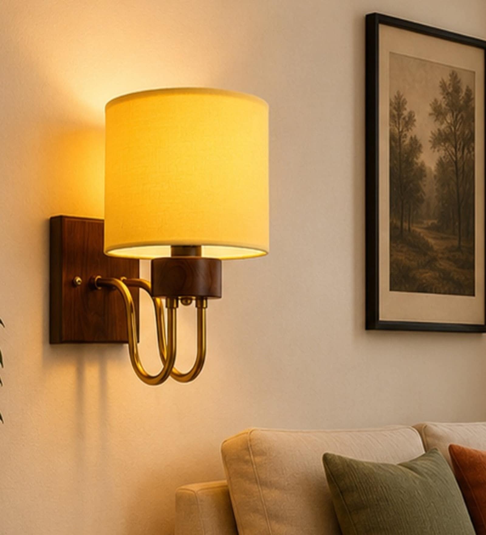 Wooden Gold Wall Lamp with Yellow cotton shade