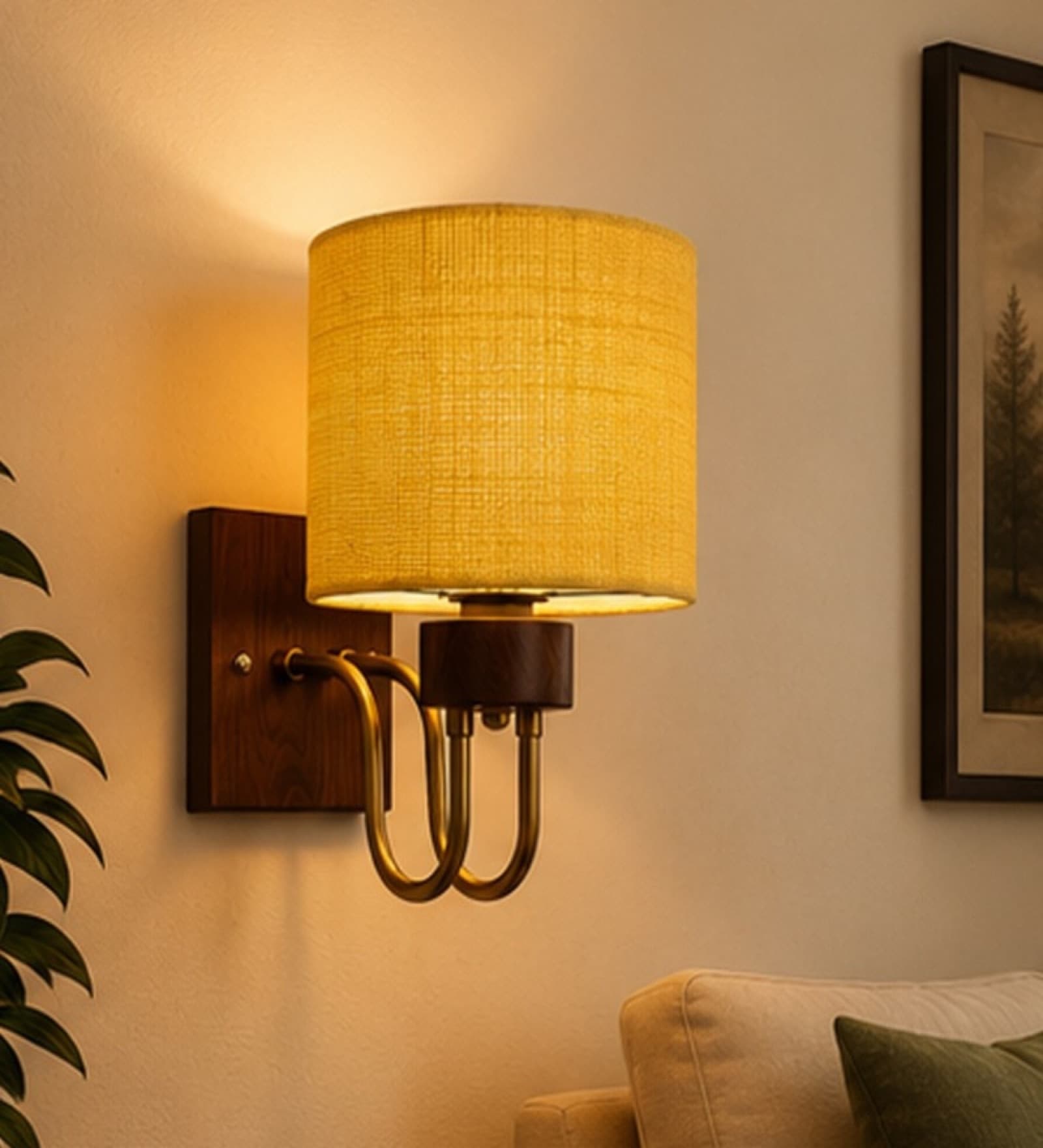 Wooden Gold Wall Lamp with Yellow Jute shade