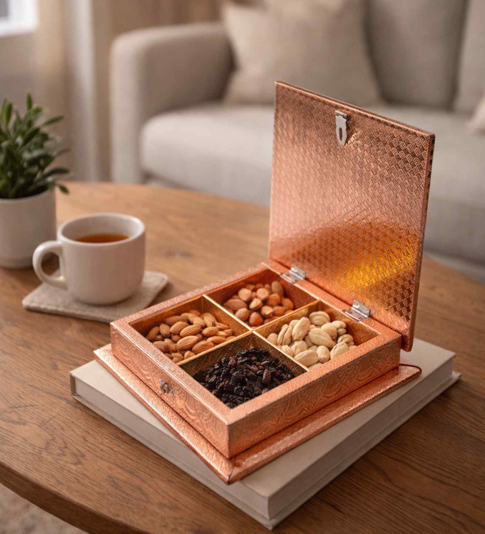 4-Section Wooden Handcrafted Dry Fruit Box (Embossed 8"X8")