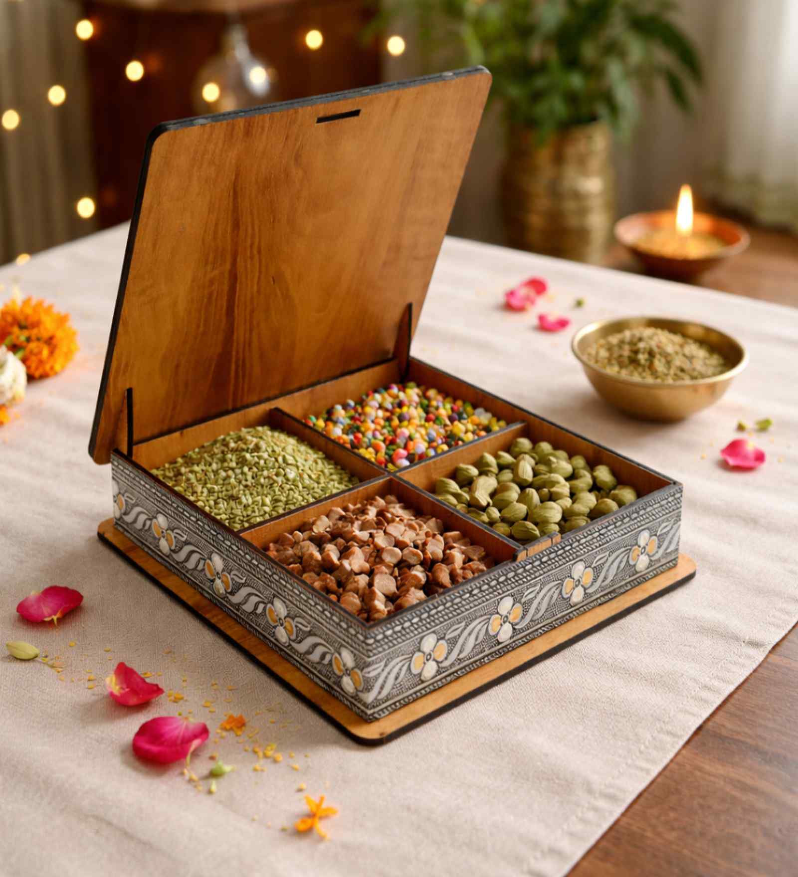 Rajwadi Wooden Handcrafted Dry Fruit Box (6" X 6")