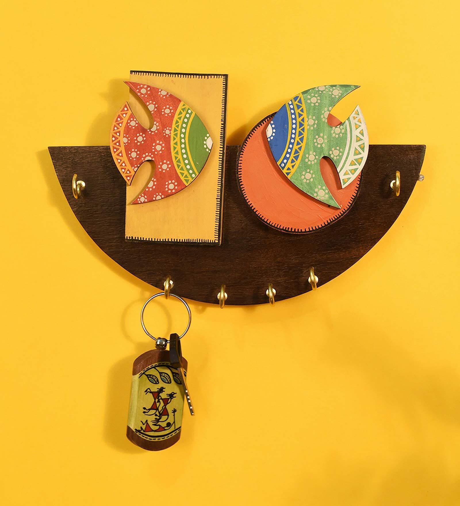 Wooden Handcrafted Astros Madhubani Fish Design Key Holder