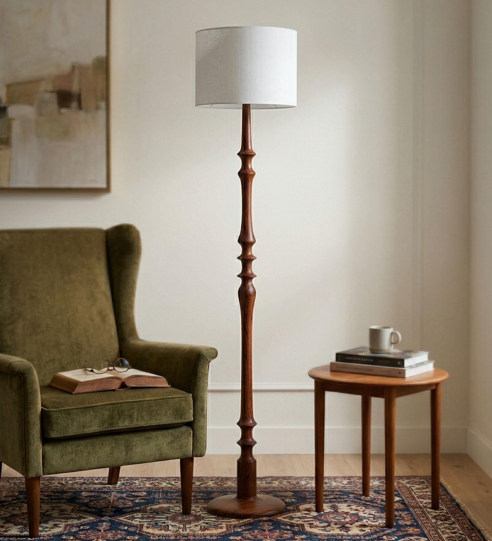 Wooden Handcrafted Natural Teak Floor Lamp with Loose Weave Texture Off White Fabric Lampshade