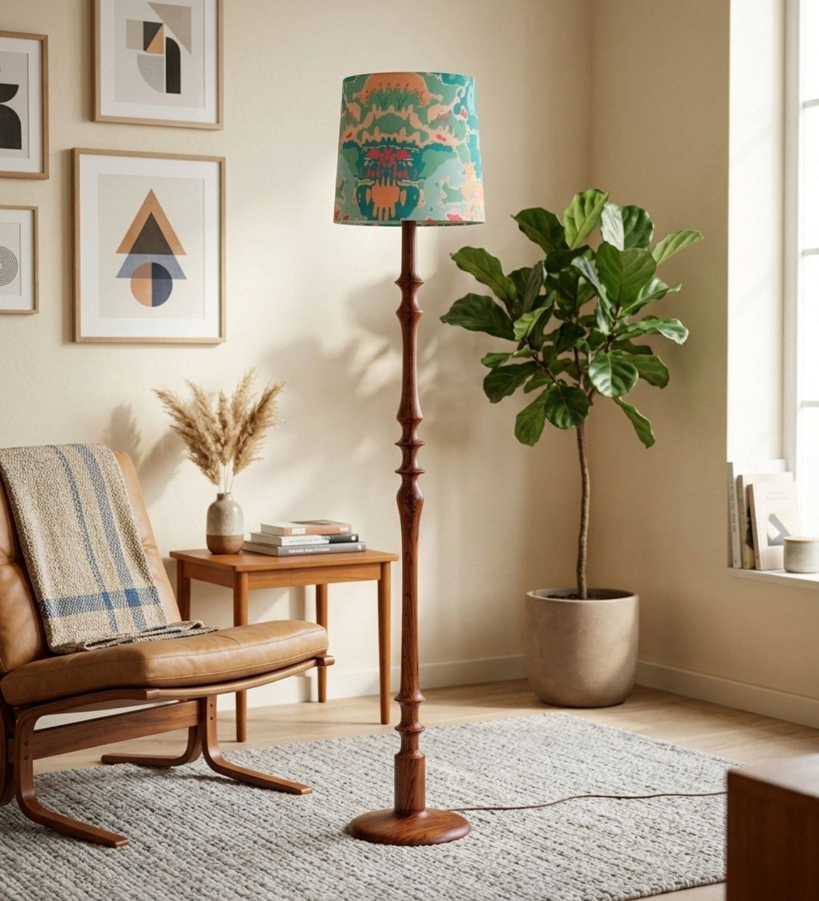 Wooden Handcrafted Natural Teak Floor Lamp with Medium Taper Printed Green Fabric Lampshade