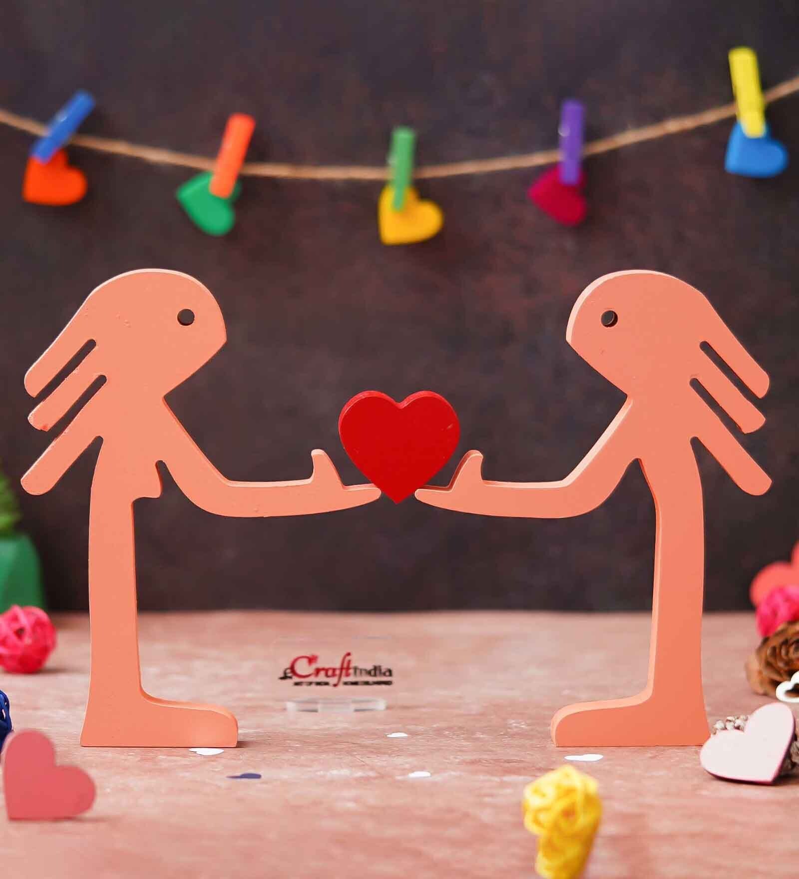 Wooden Handcrafted Couple Showpiece Holding Heart