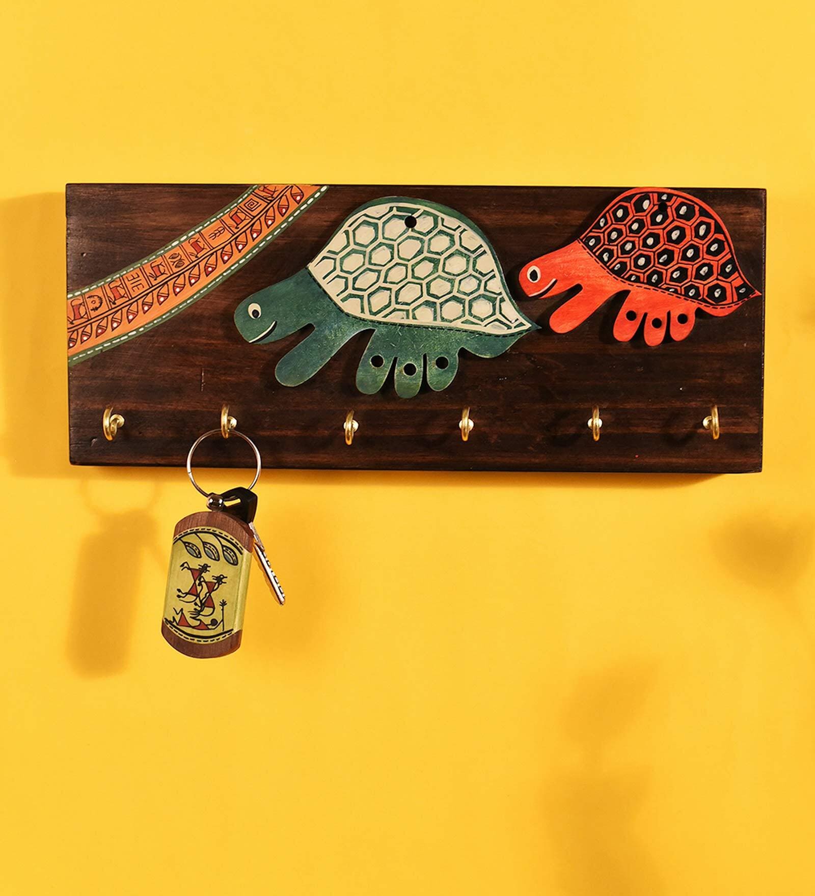 Wooden Handcrafted Tribal Art Turtle Key Holder