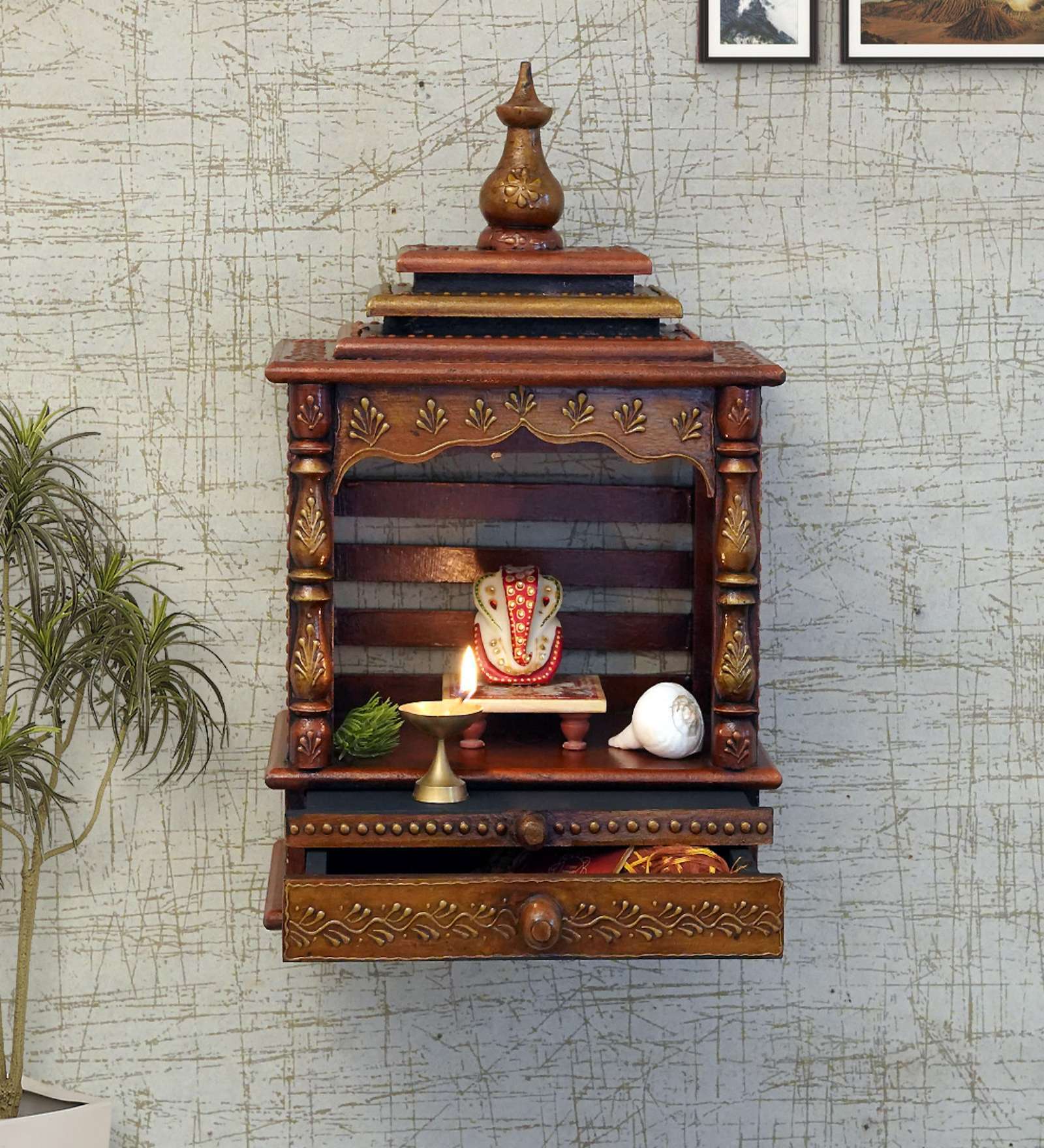 Wooden Handpainted Copper Finish Mandir