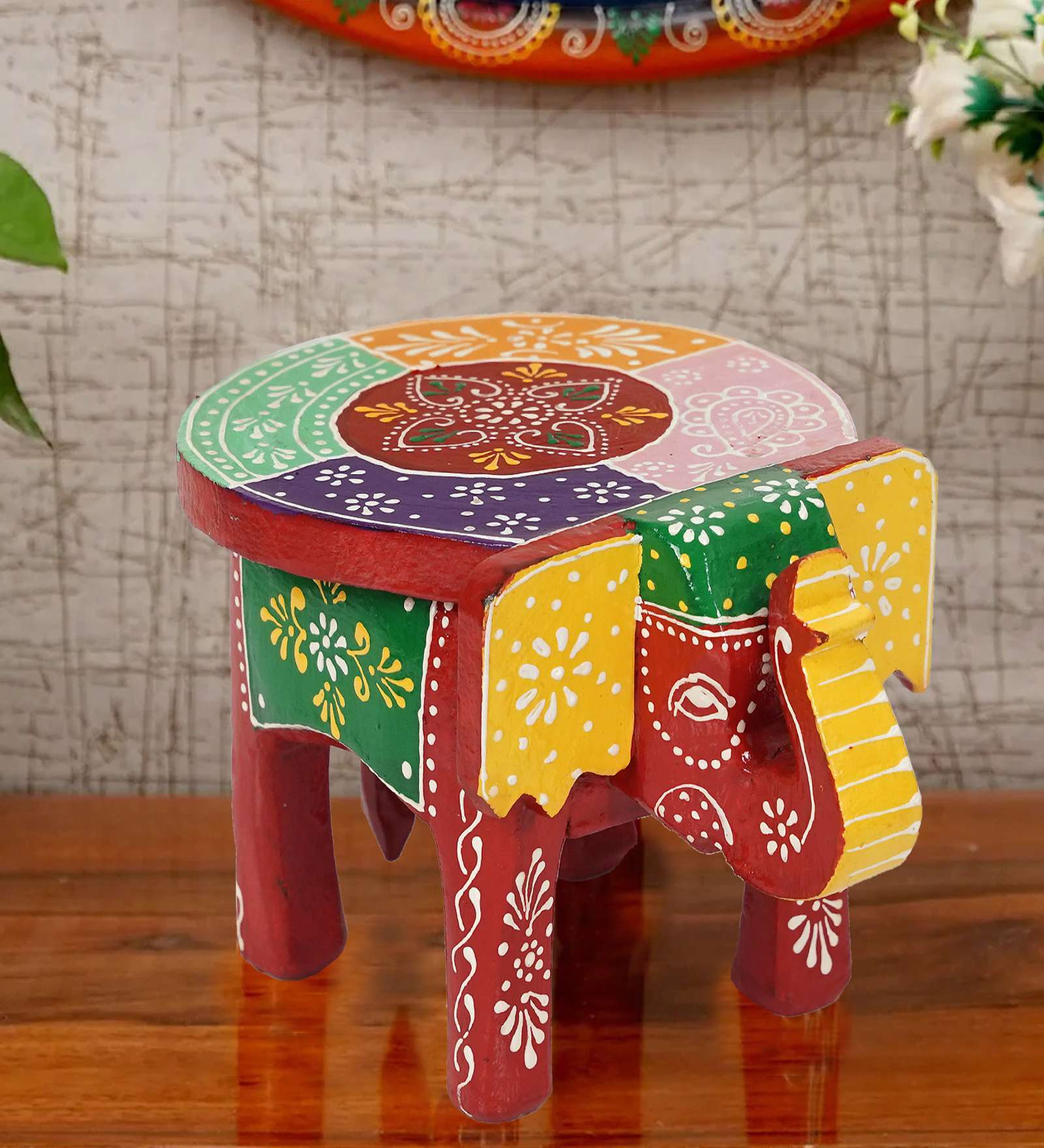 Red Wooden Handpainted Decorative Elephant Stool