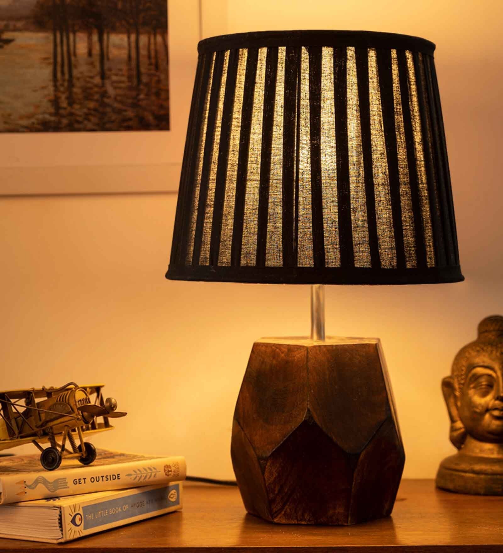 Wooden Hexa Lamp with Pleeted Cotton Black Shade