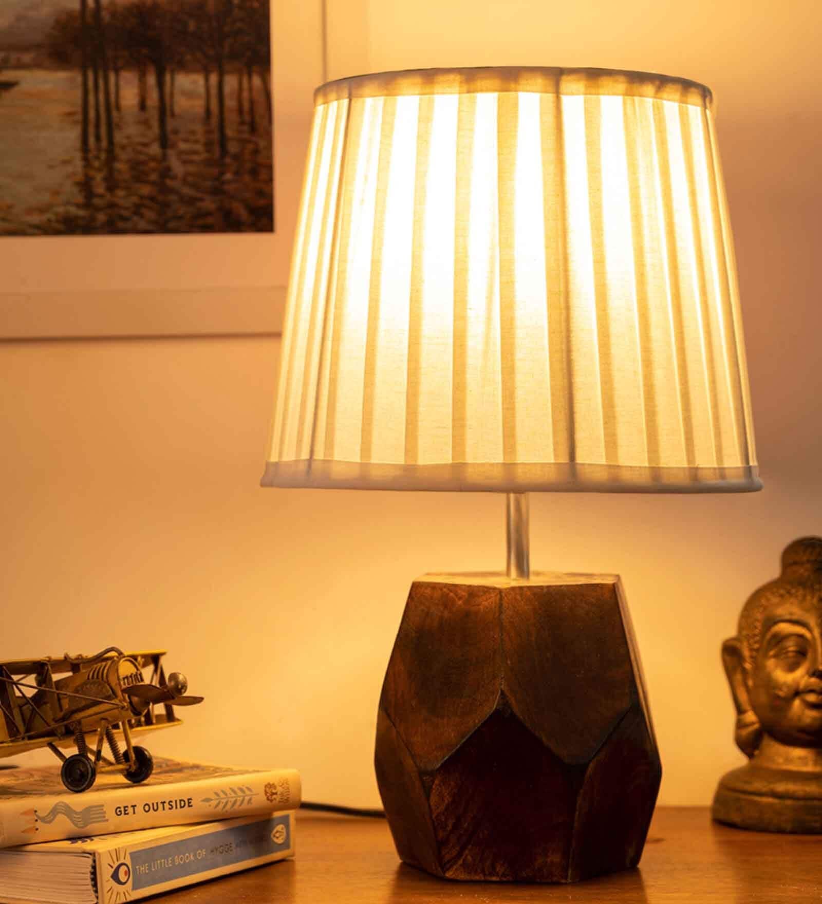 Wooden Hexa Lamp with Pleeted Cotton White Shade