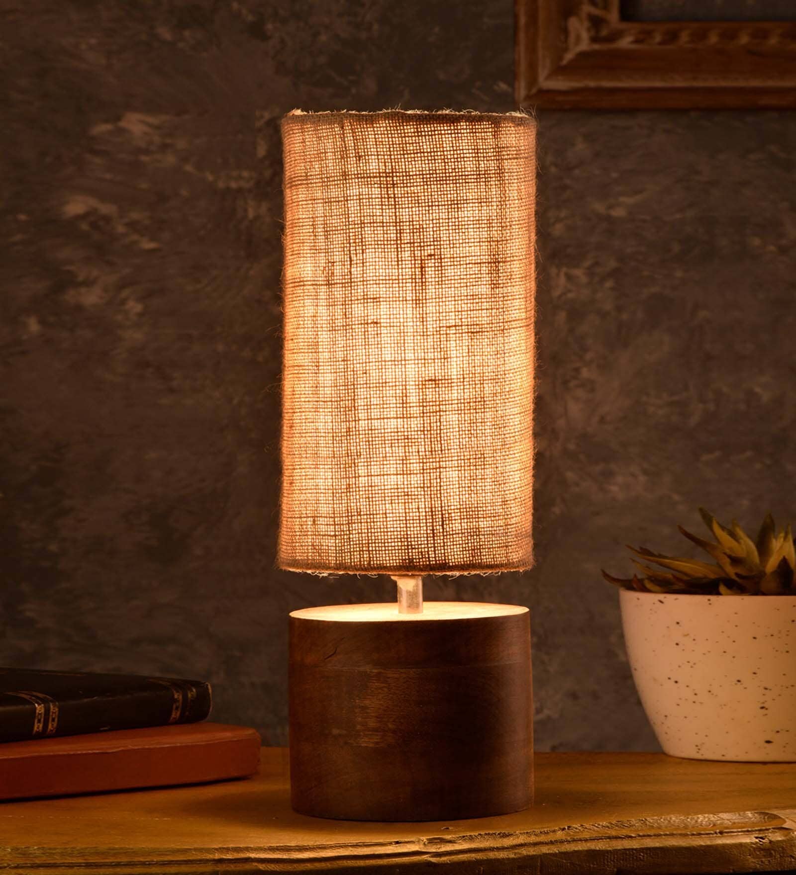 Wooden Log Table Lamp With Brown Jute Shade