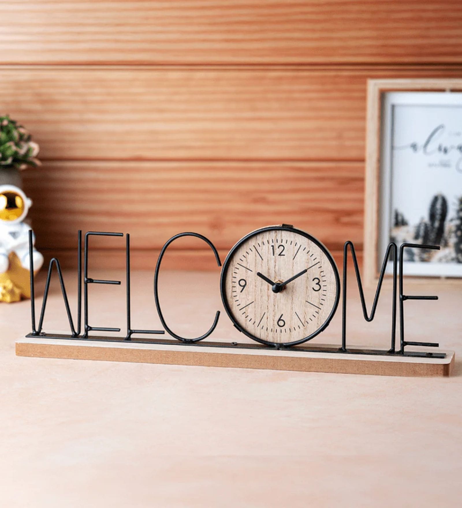Black Wooden Metal Welcome Letter Table Clock