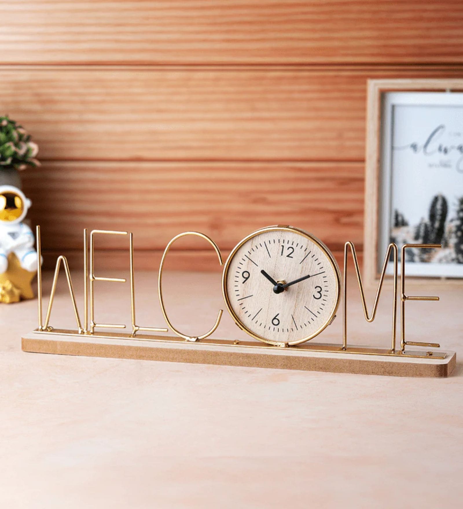 Gold Wooden Metal Letter Table Clock Welcome