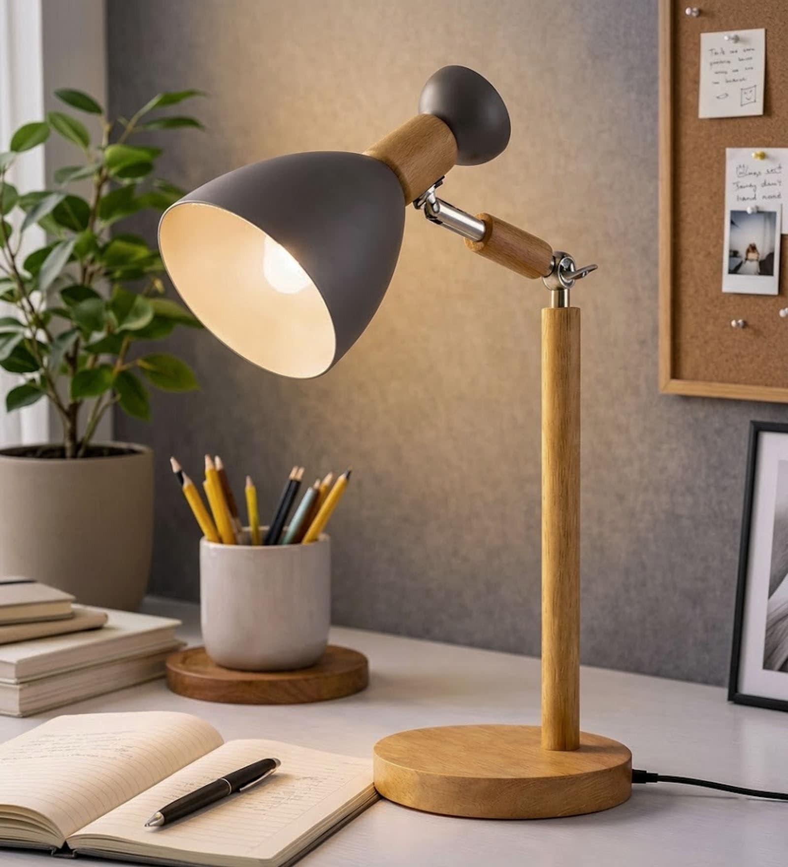 Wooden-Metalic Gray Study Desk Lamp