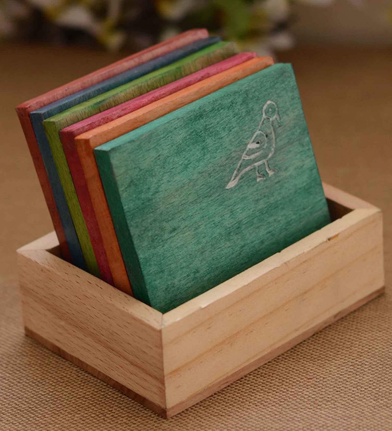 Birde Multicolour MDF (Set of 6) Table Coaster with Stand