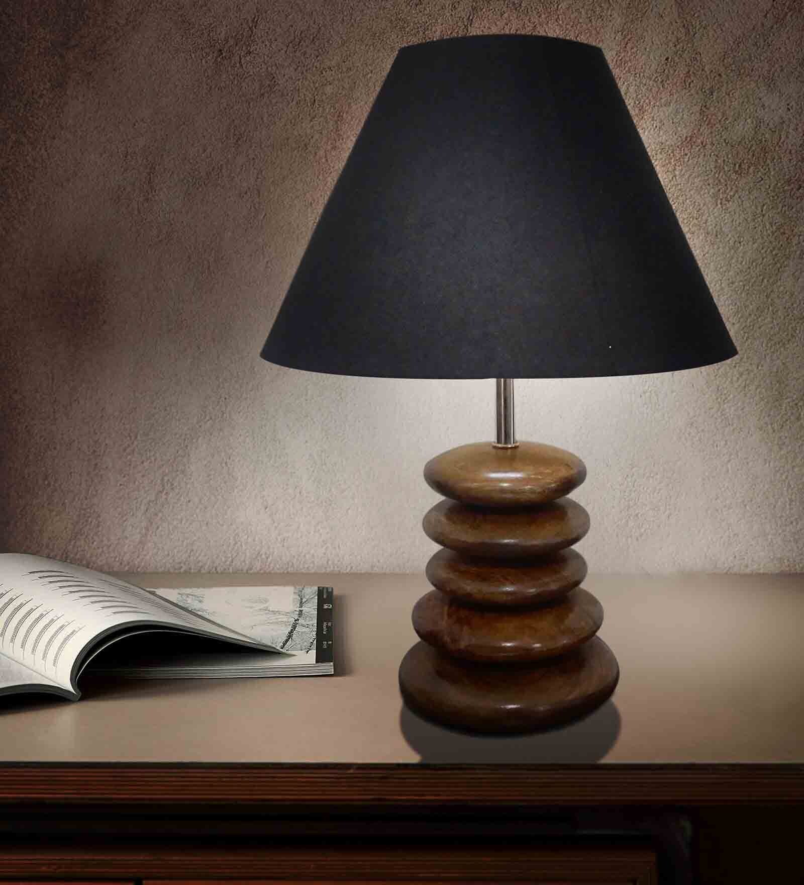 Wooden Pebble Black Fabric Shade Table Lamp With Brown Base