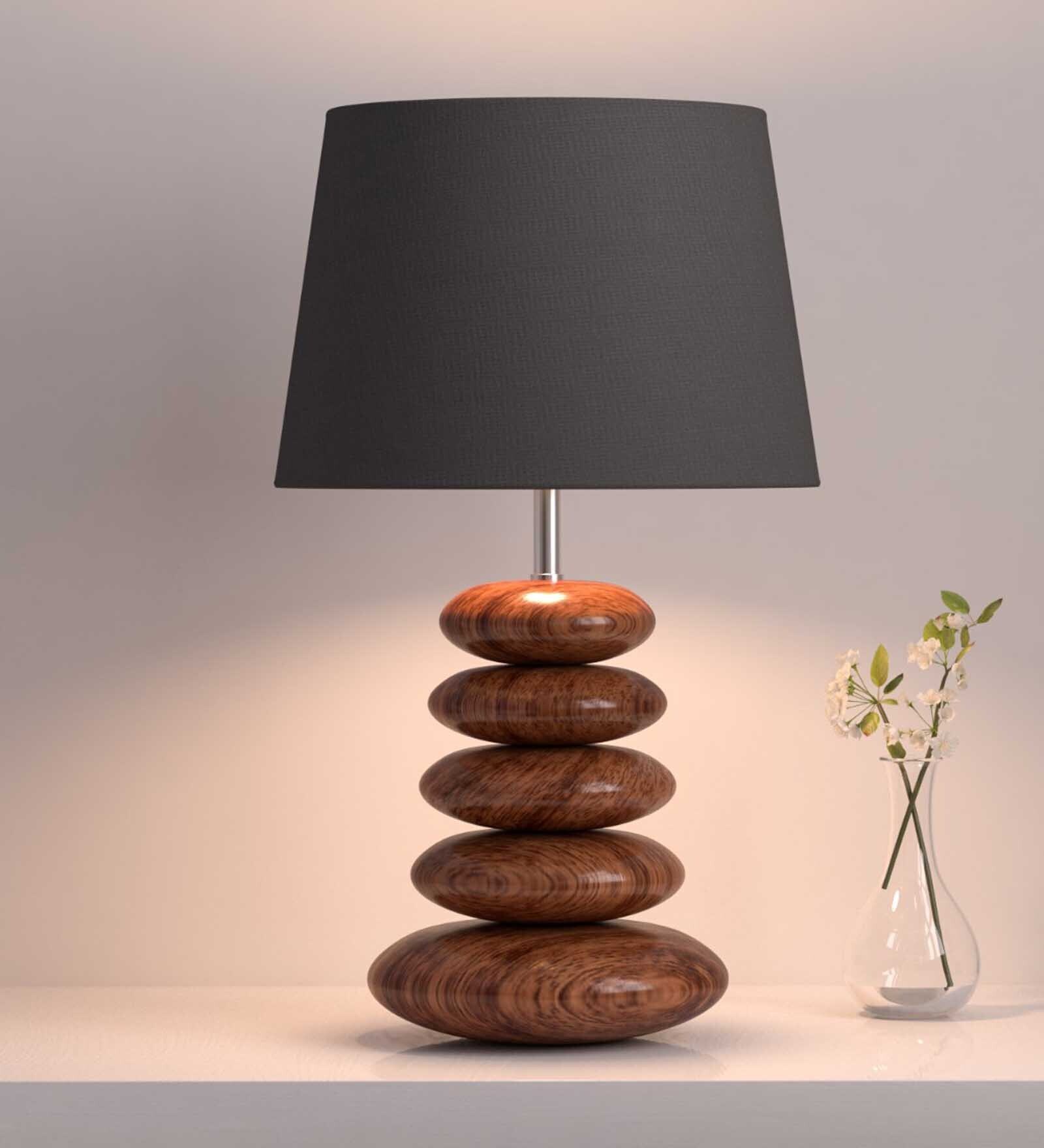 Lucea Black Cotton Shade Night Lamp With Wood Base