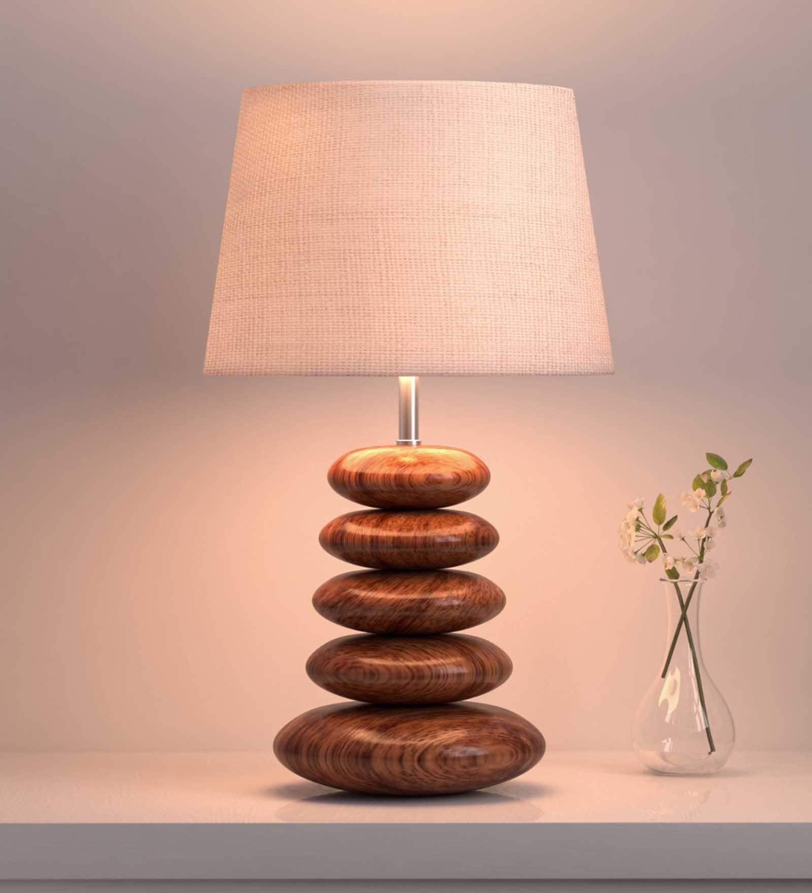 Wooden Pebble Table Lamp With 10 Inches Lampshade