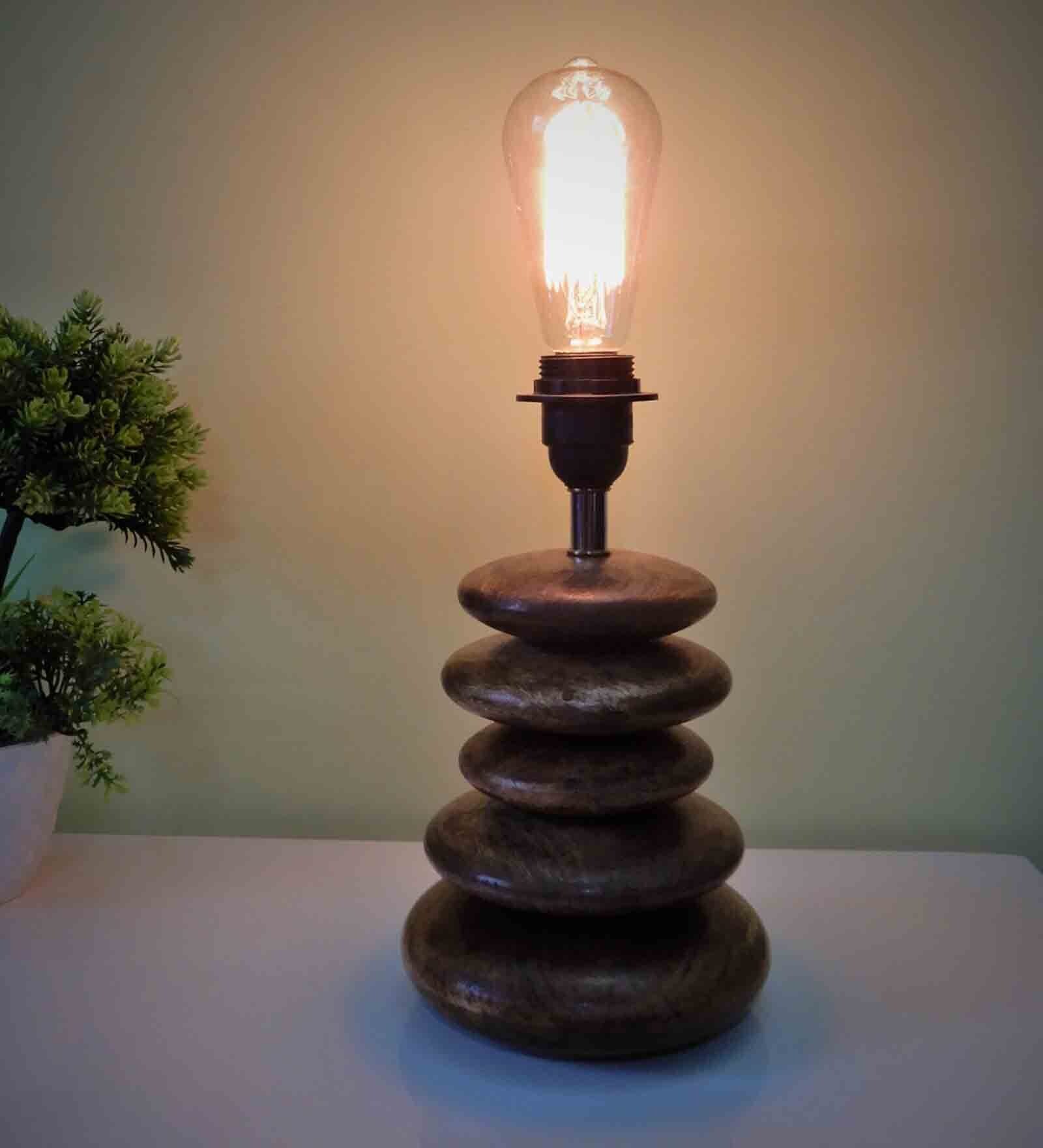Wooden Pebble Table Lamp With Brown Base