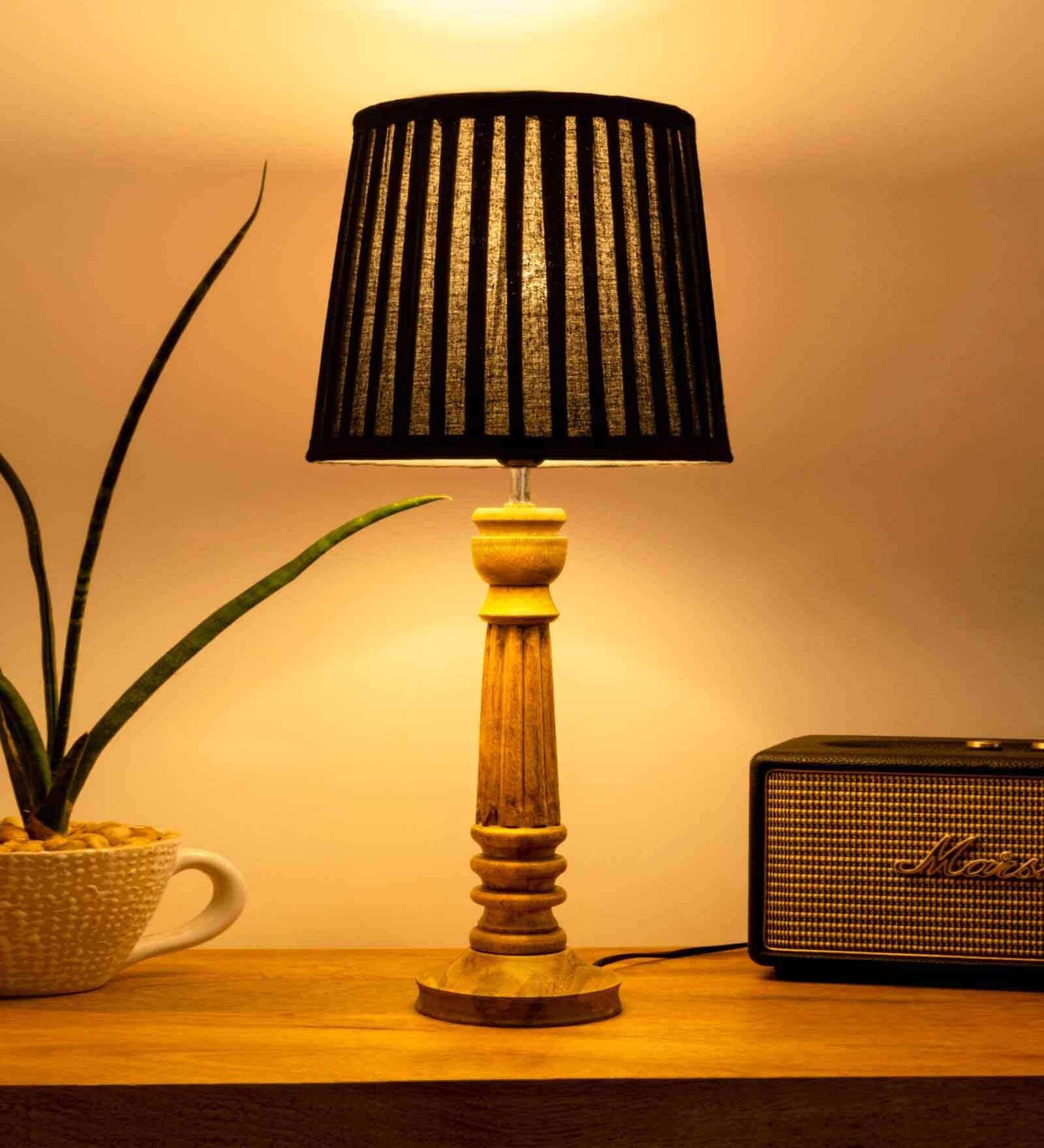 Wooden Pillar Brown lamp with pleeted Black Soft Shade